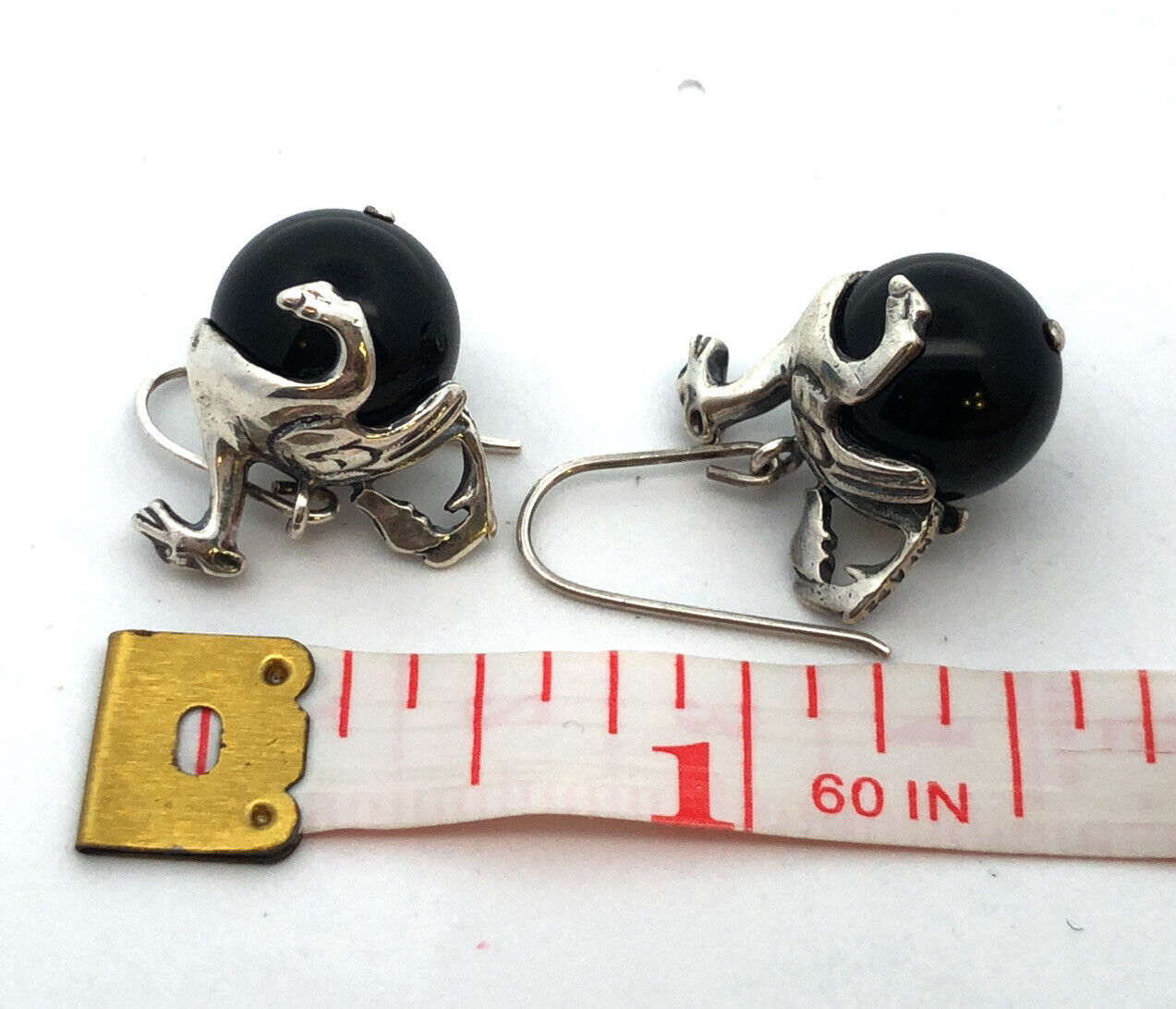 Museum Fine Arts MFA 925 Sterling Silver Round Black Onyx Dragon Globe Earrings