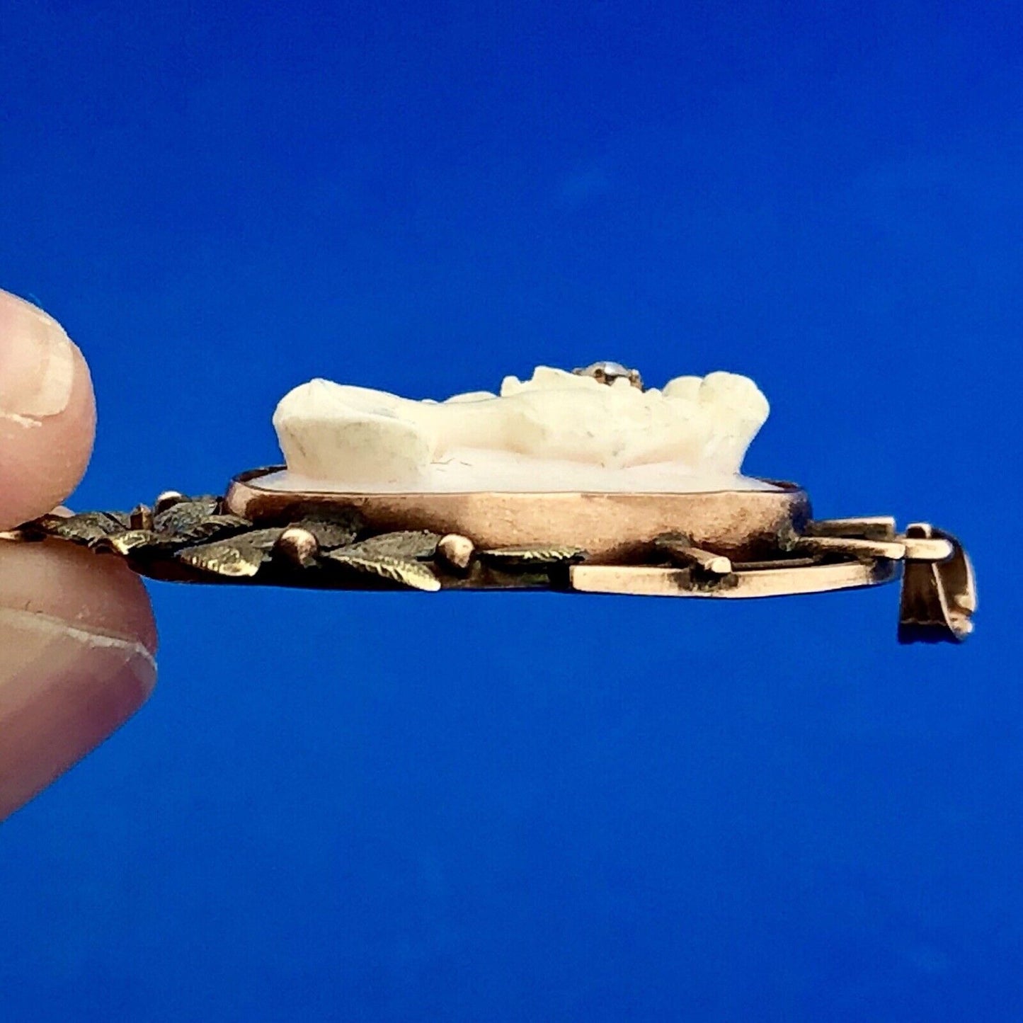 Victorian 10K Rose/Yellow Gold Pink Cameo Pearl Diamond Lavaliere Brooch Pendant