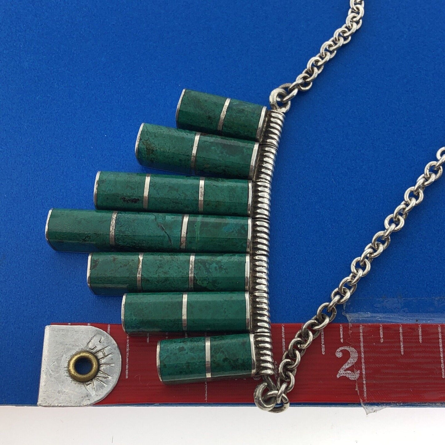 Estate Modernist 925 Sterling Silver 925 Malachite Abstract Statement Necklace