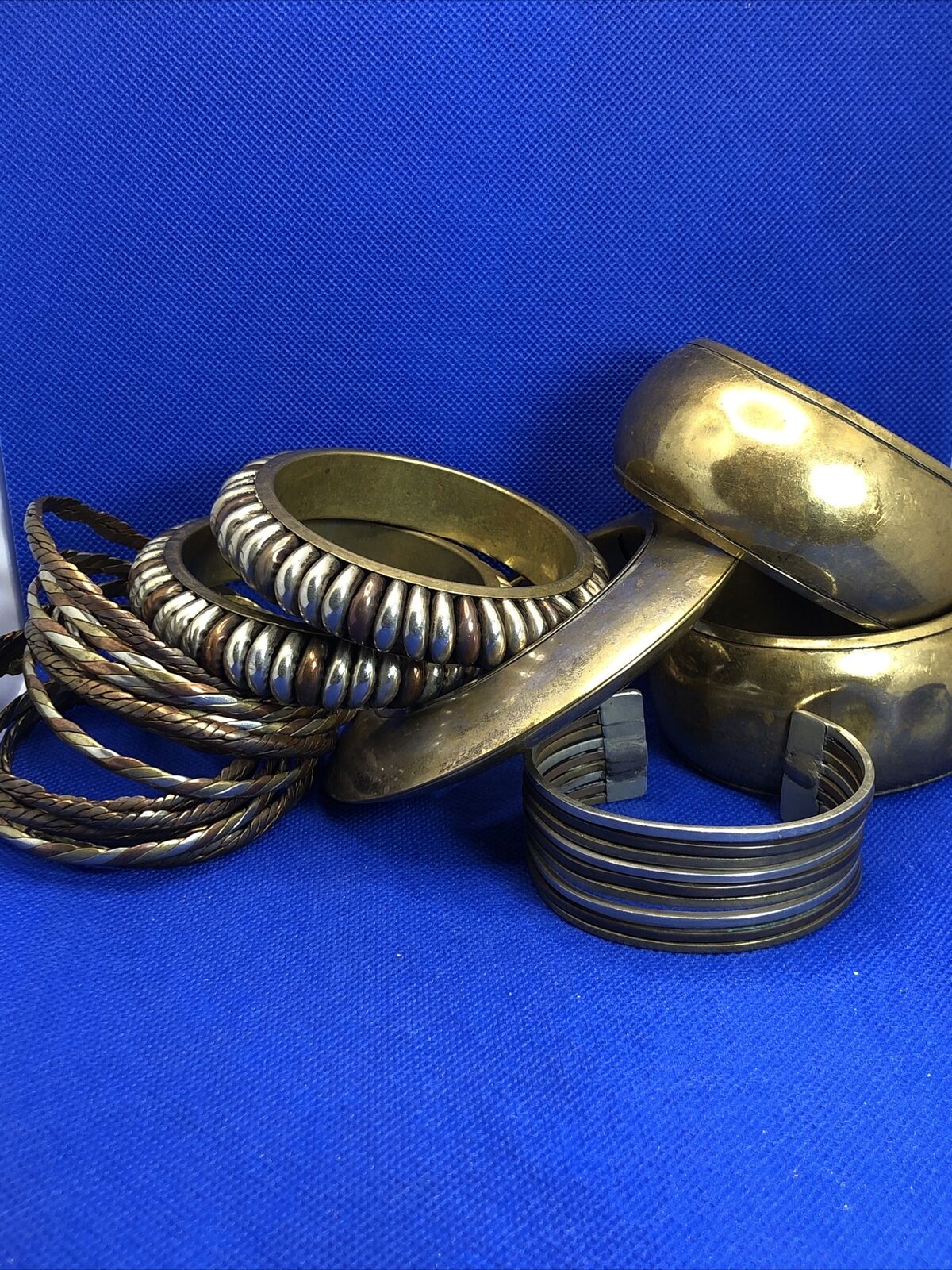 1980's Brass Copper Silver Tone Lot Twenty Bangle And Statement Cuff Bracelets