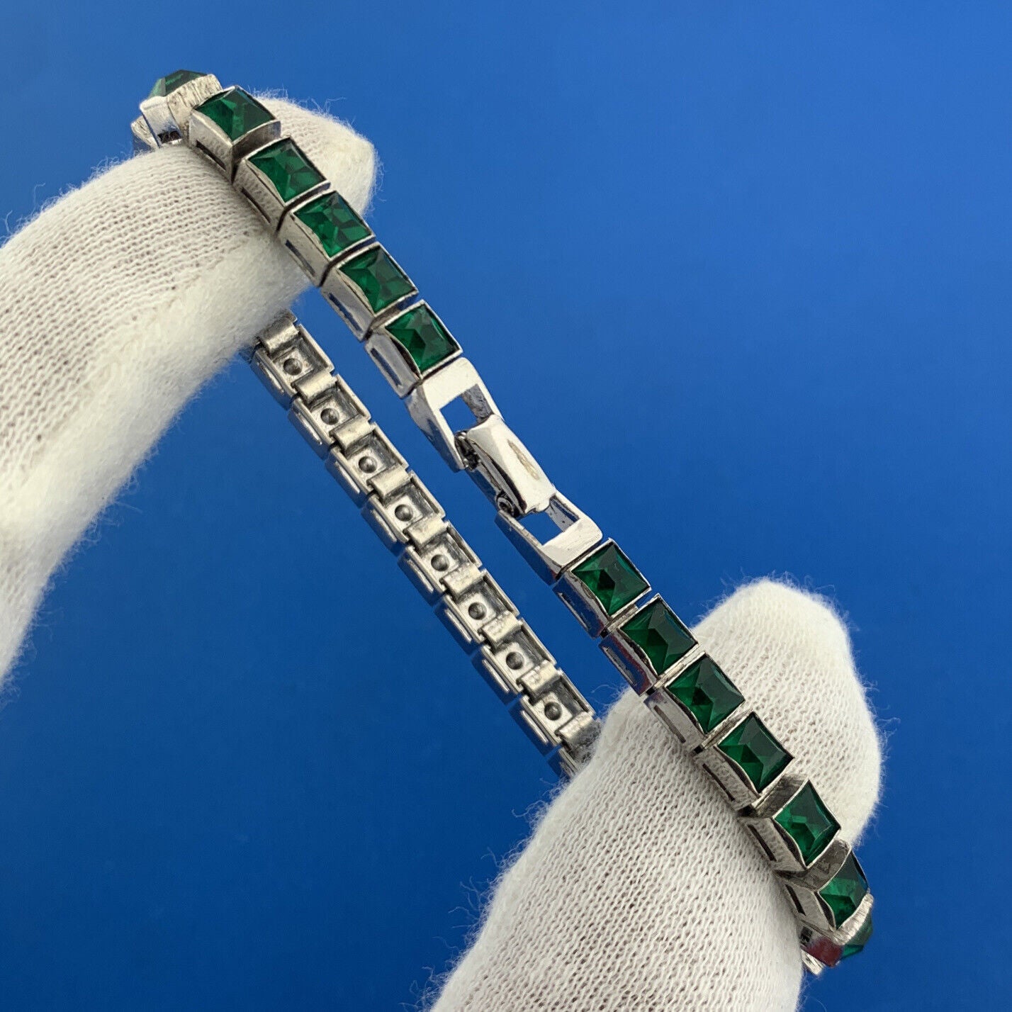 Lovely 1940's Dorsons 925 Sterling Silver Green Glass Rhinestone Tennis Bracelet