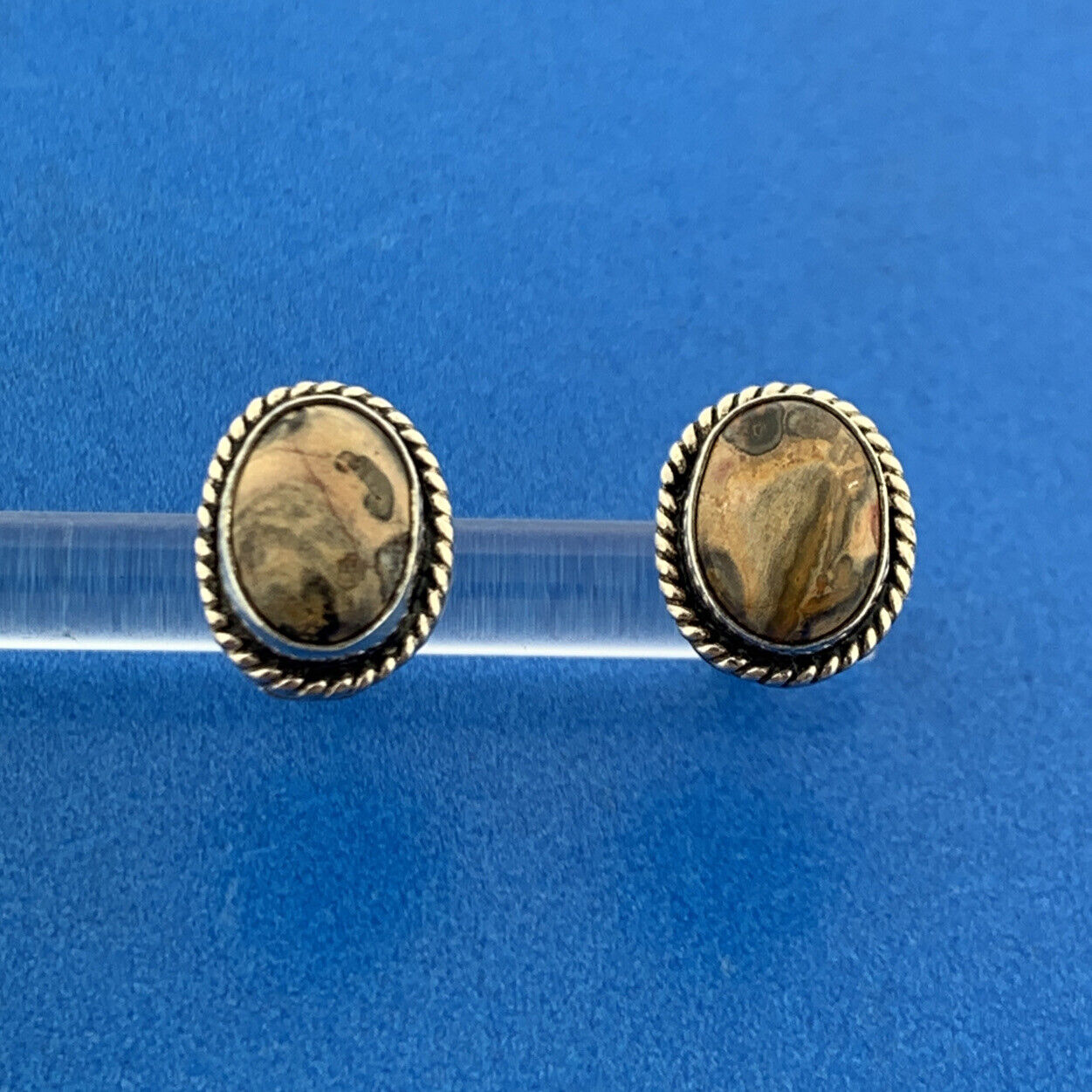 925 Sterling Silver Brown Pink Green Unakite Gemstone Oval Stud Earrings