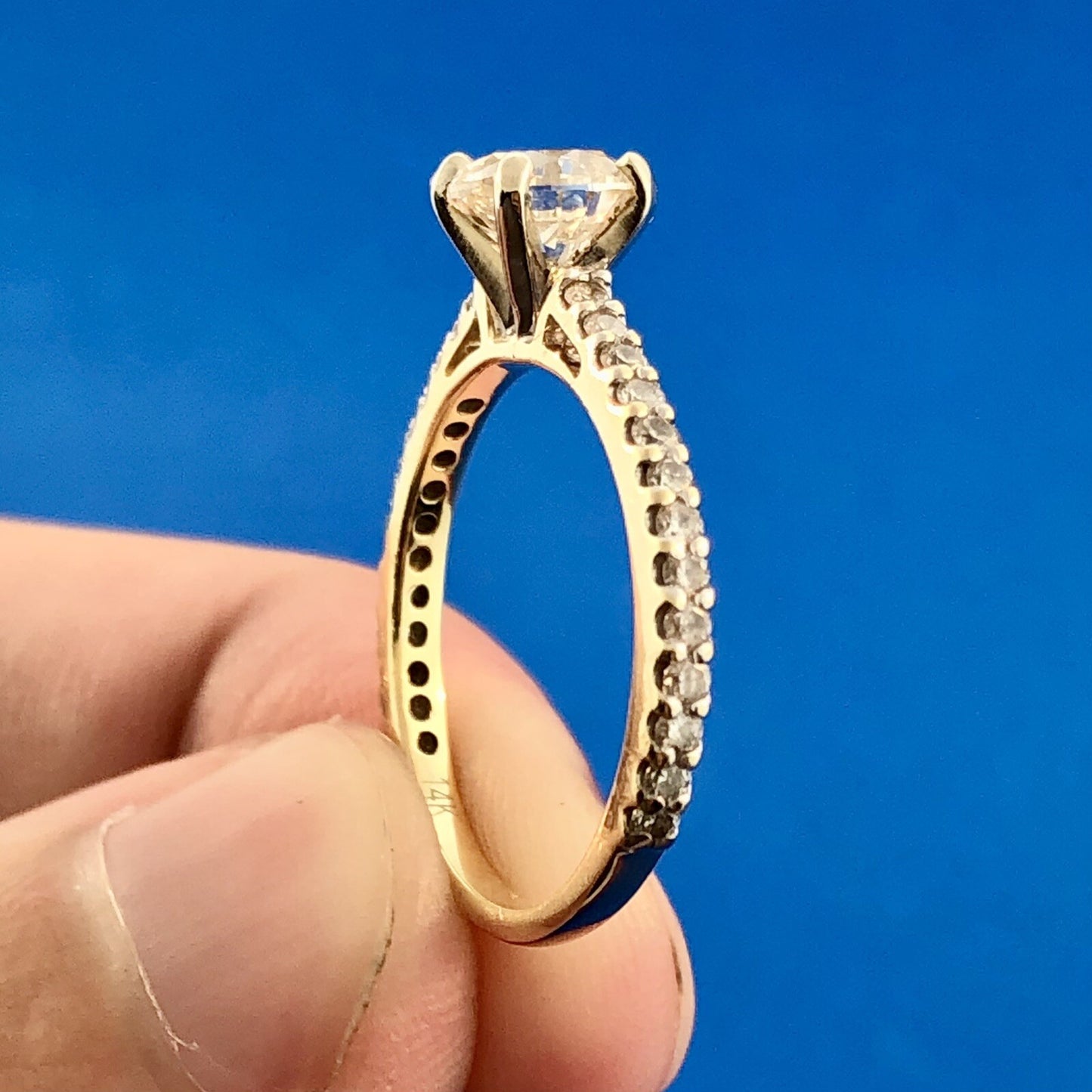 Designer 14K Yellow Gold Round Diamond Solitaire Accented Engagement Ring
