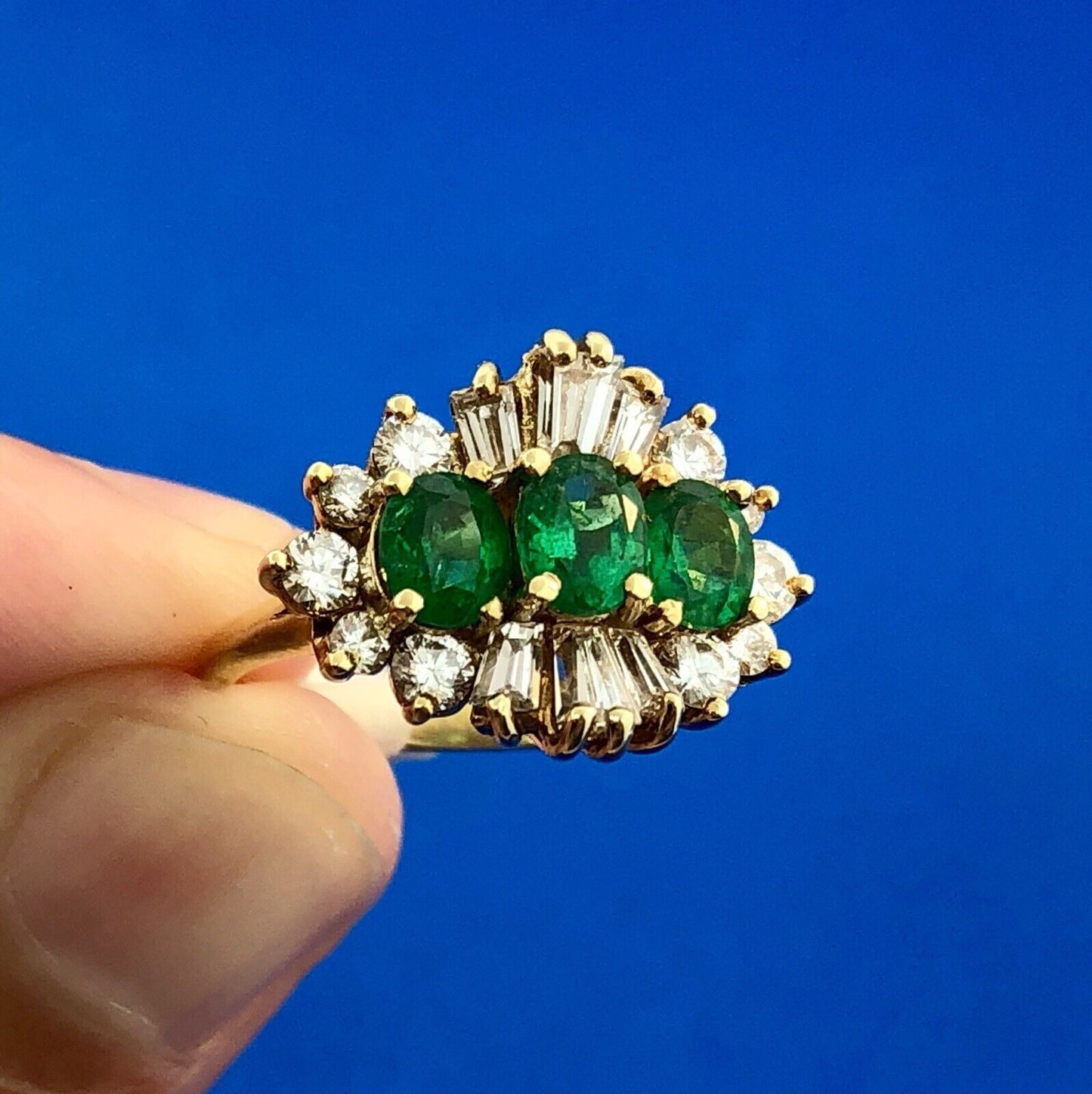 Vintage 14k Yellow Gold Three Oval Emerald Ring w/ Round & Baguette Diamonds