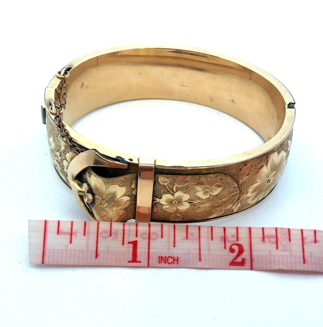 Antique F.M.Co 12K Yellow Gold Filled Floral Belt Buckle Hinged Bangle Bracelet