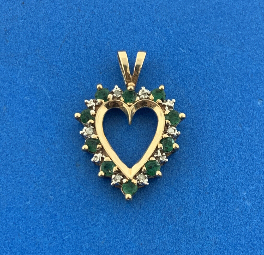 10K Yellow Gold Emerald Diamond May Birthday Anniversary Heart Pendant