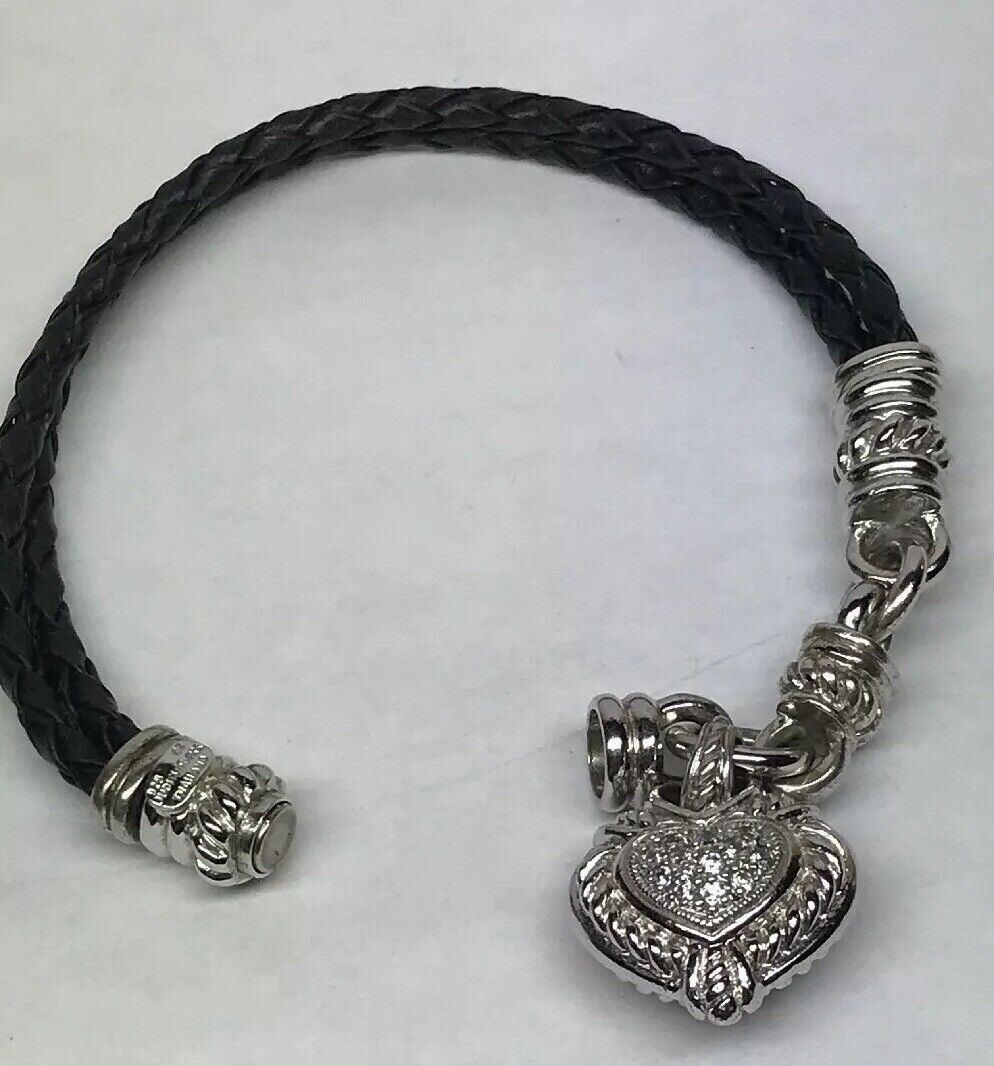 Judith Ripka Sterling Silver 925 Diamonique CZ Heart Charm Leather Bracelet