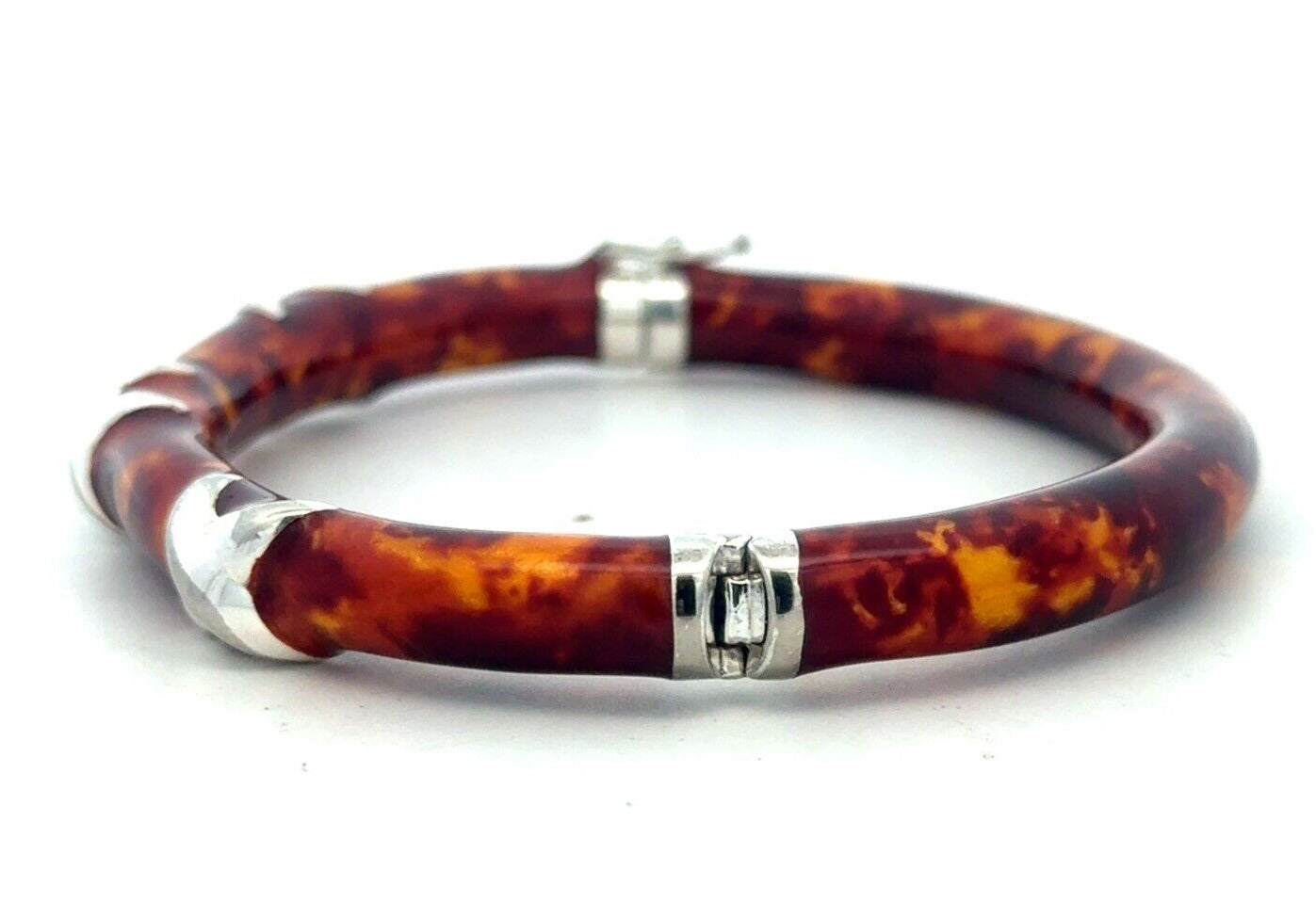 Milor Italy Sterling Silver Tortoise Shell Enamel Oval Hinged Bangle Bracelet