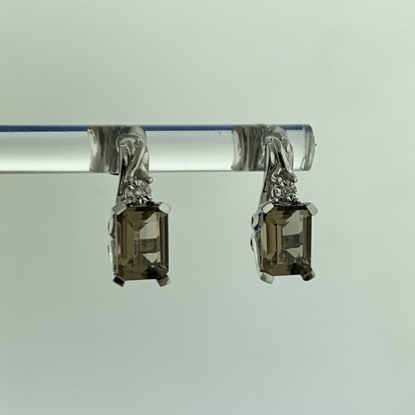 Designer 10K White Gold Rectangle Smoky Quartz Diamond Accented Stud Earrings