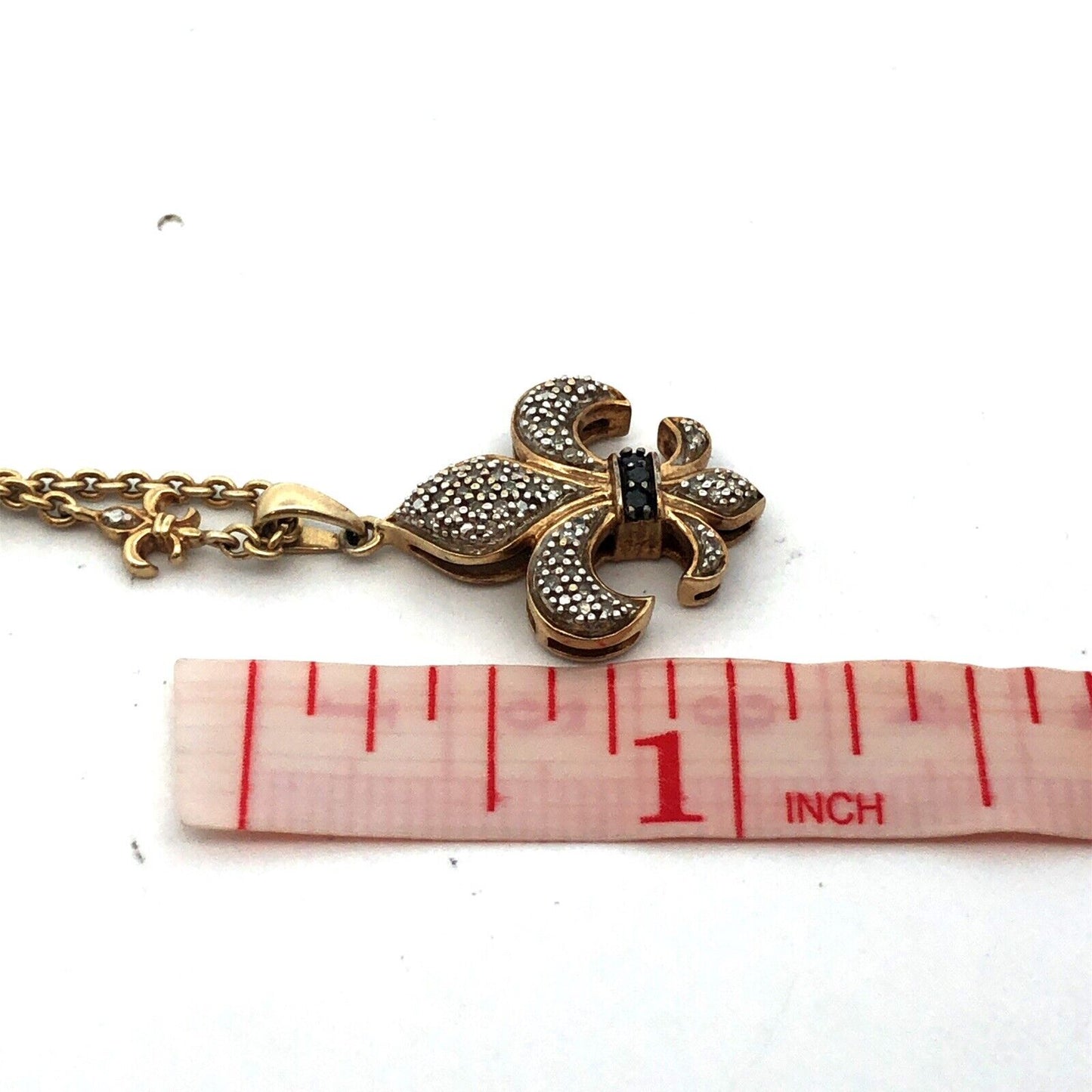 925 Sterling Silver Gold Vermeil Round Diamond Fleur De Lis Necklace