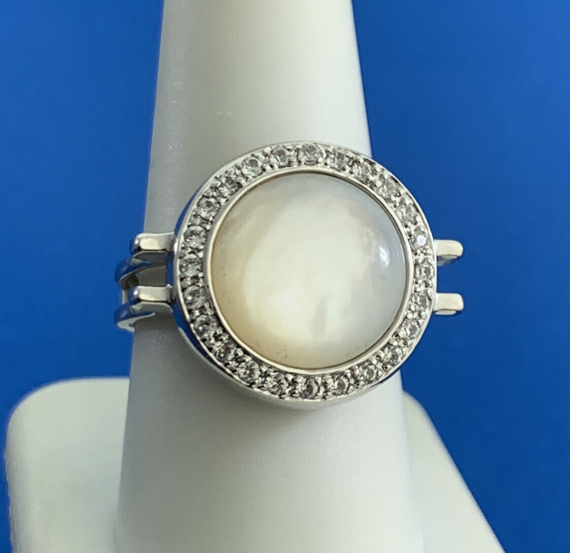 Designer Modernist 925 Sterling Silver Mother Of Pearl White Topaz Halo Ring