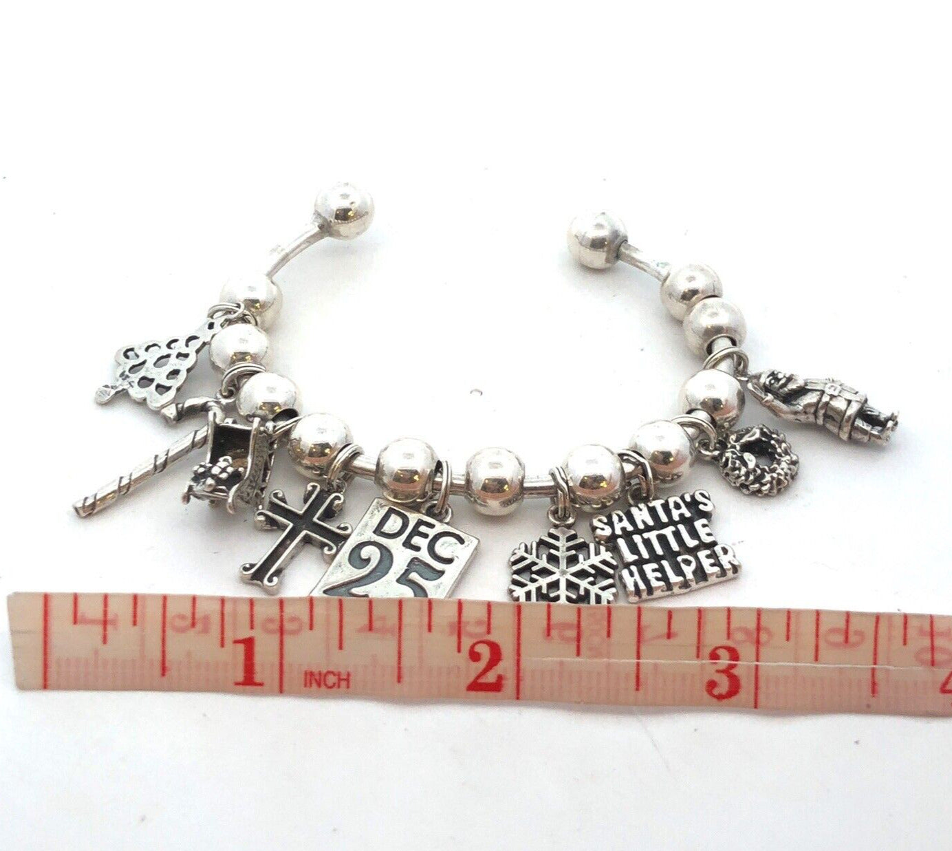 Vintage SJC 925 Sterling Silver Christmas Holiday Theme Beaded Charm Bracelet