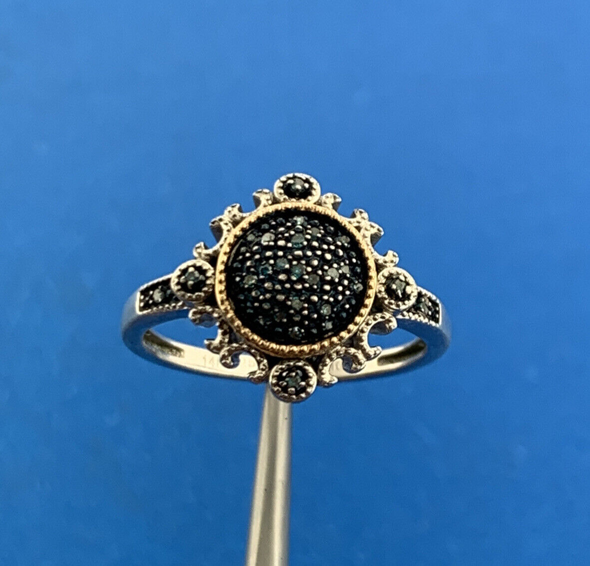 Designer 925 Sterling Silver 14K Yellow Gold Blue Diamond Two Tone Occasion Ring
