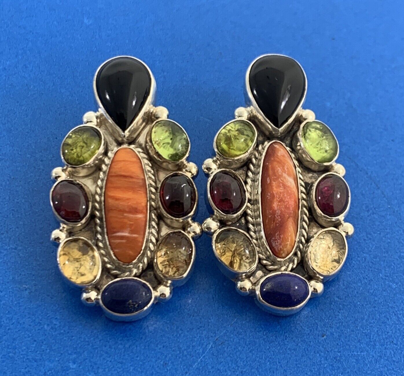 Gilo & Grace Nakai Navajo 925 Sterling Silver Multi Gemstone Statement Earrings