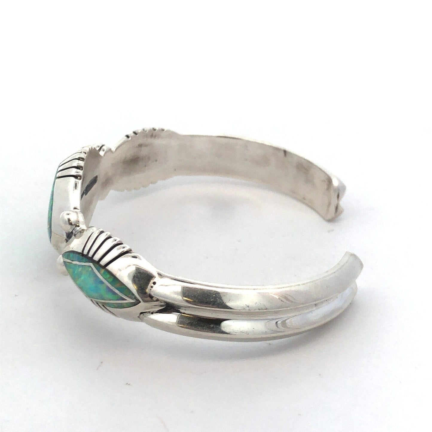Native American Jerry T Nelson 925 Sterling Silver Blue Opal Oval Cuff Bracelet