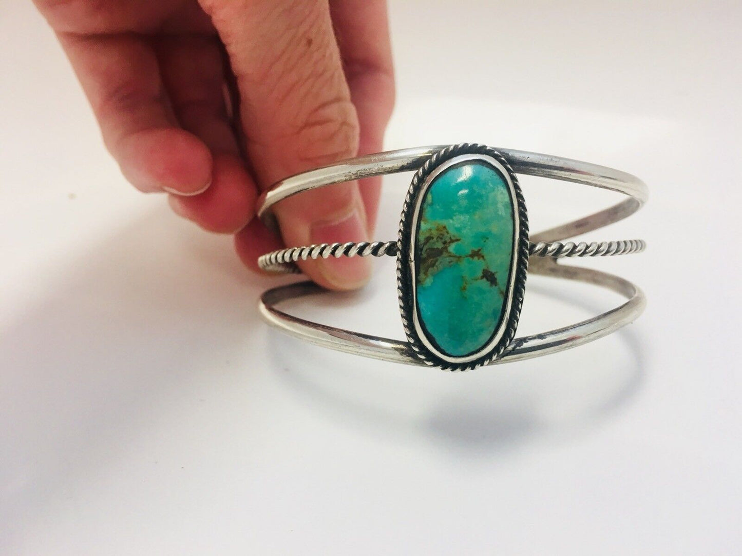 Native American Sterling Silver Oval Green Royston Turquoise Split Cuff Bracelet