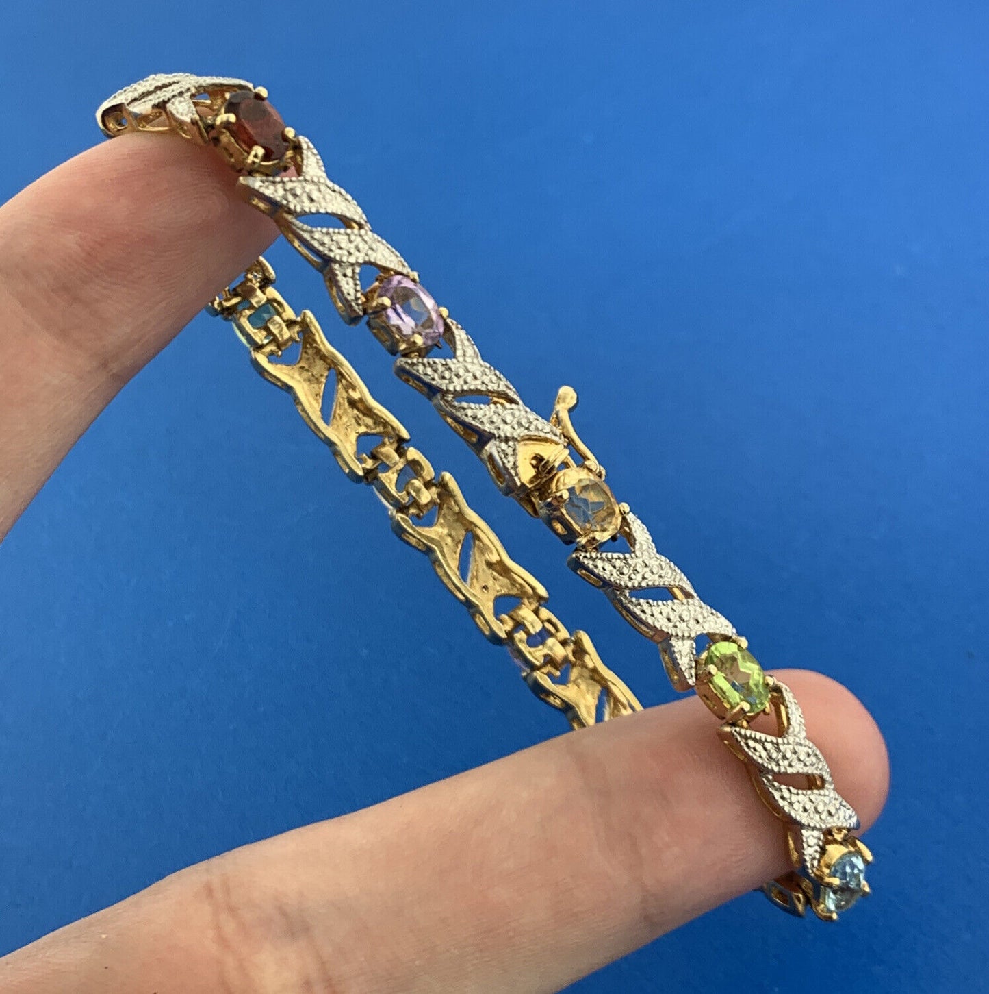 FAS 925 Sterling Silver Vermeil Diamond Oval Multi Gemstone X O Tennis Bracelet