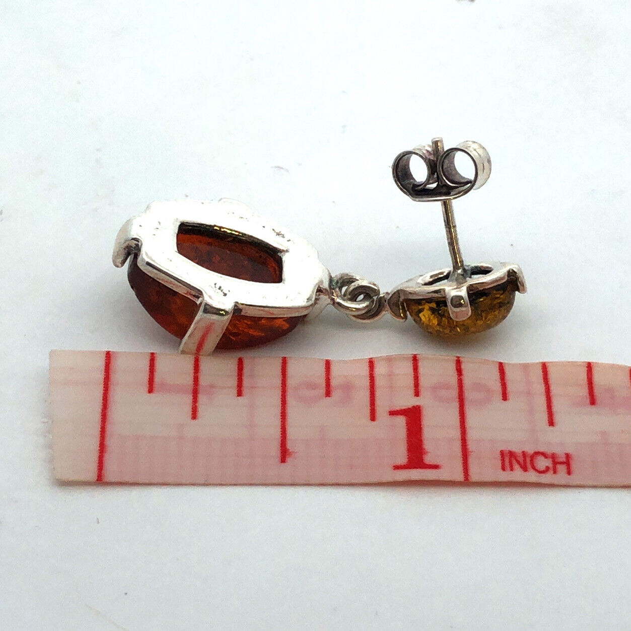 Vintage 925 Sterling Silver Oval Amber Dangle Stud Earrings