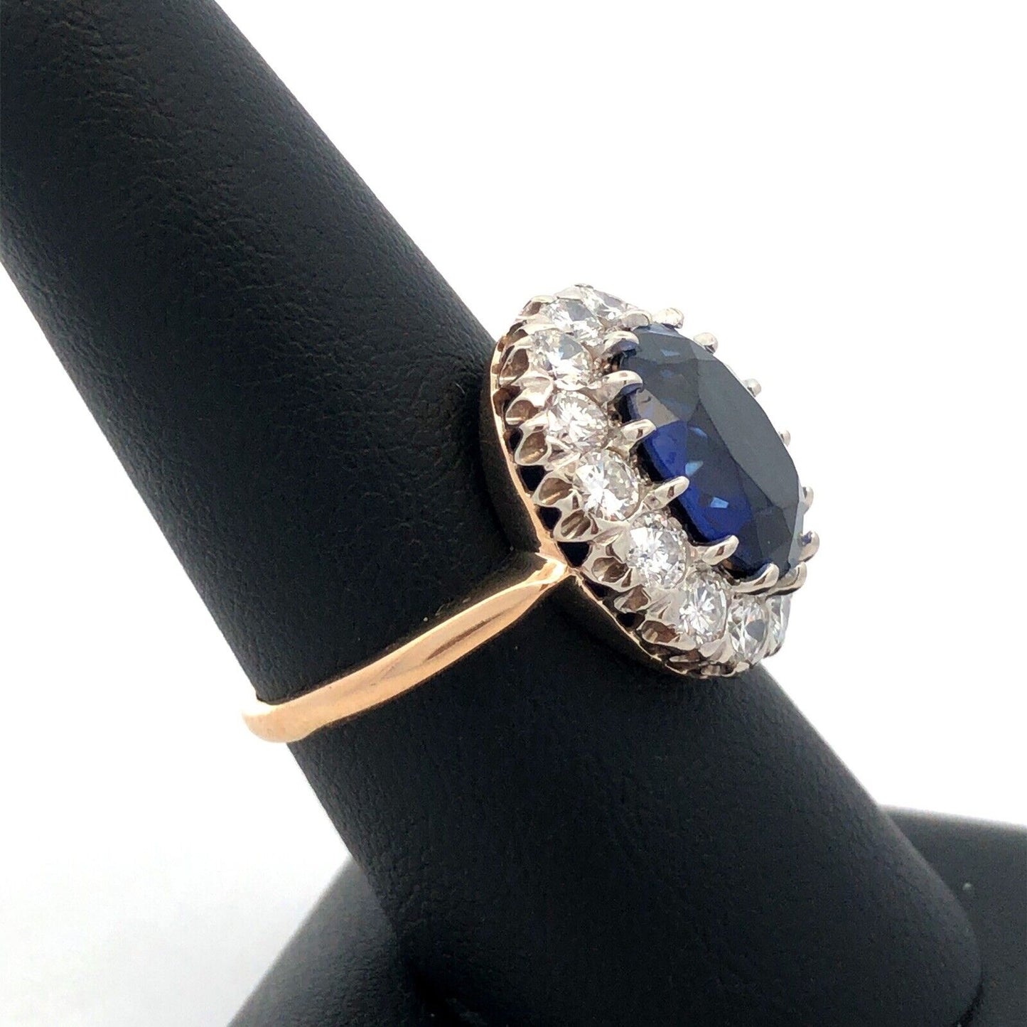 Estate 14K Yellow Gold Lab Created Blue Sapphire Diamond Halo Statement Ring