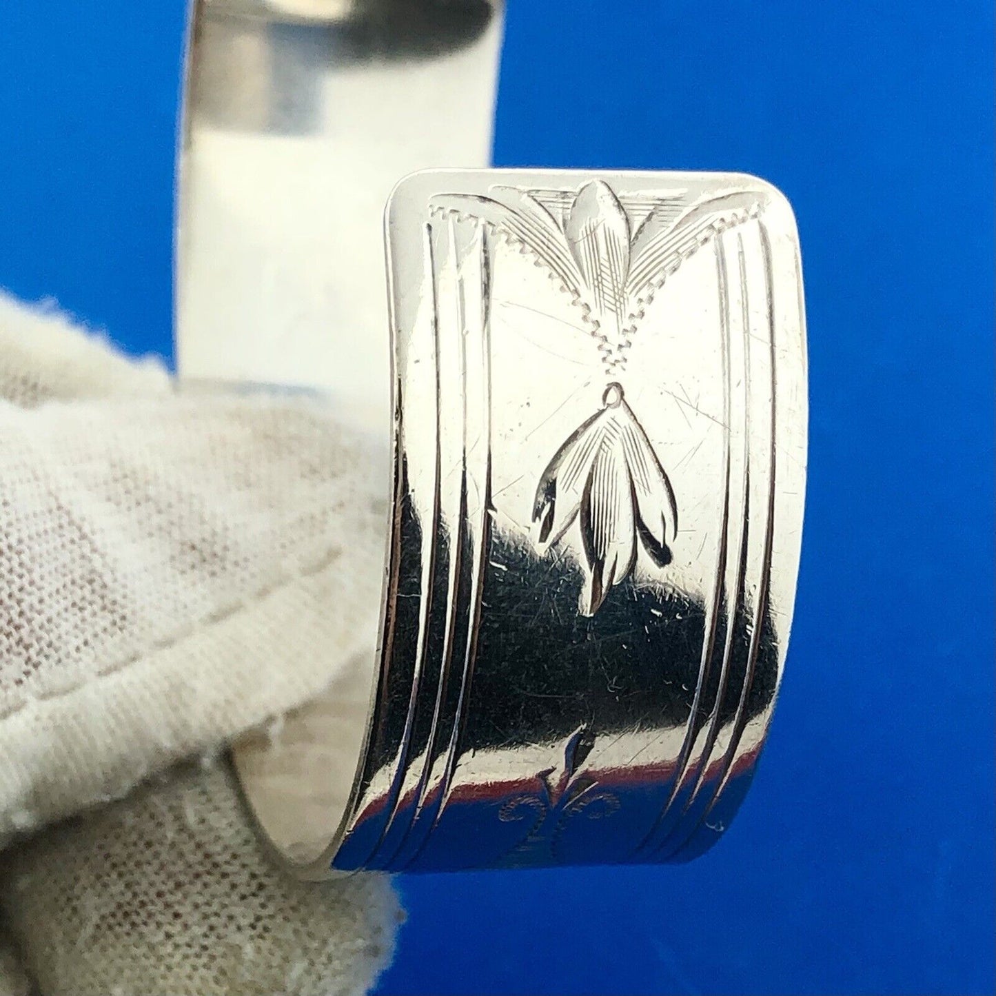 Victorian Edwardian 925 Sterling Silver Etched Floral Monogram M Cuff Bracelet