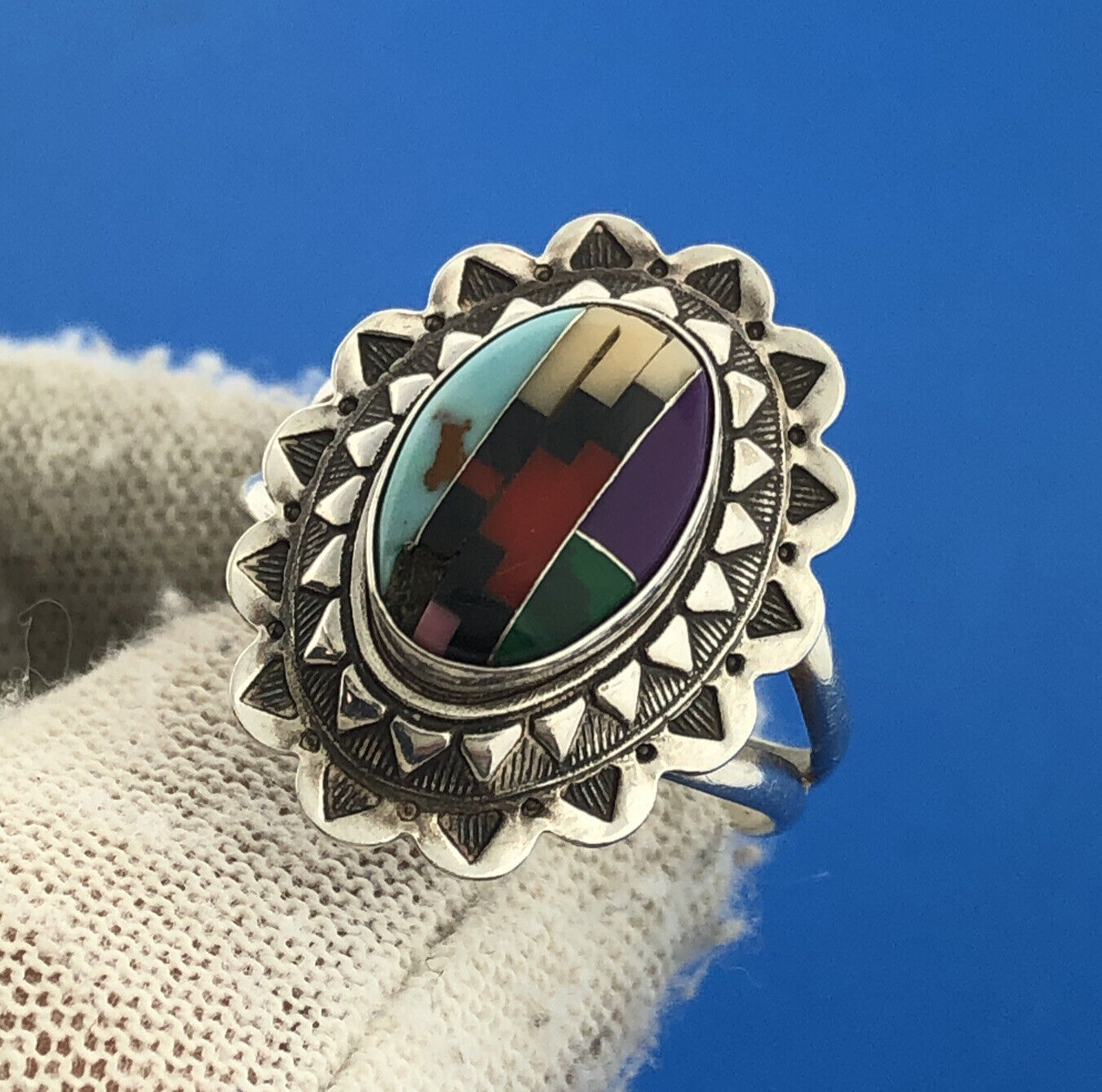 Native American Signed R.B. 925 Sterling Silver Mixed Gemstone Inlay Concho Ring
