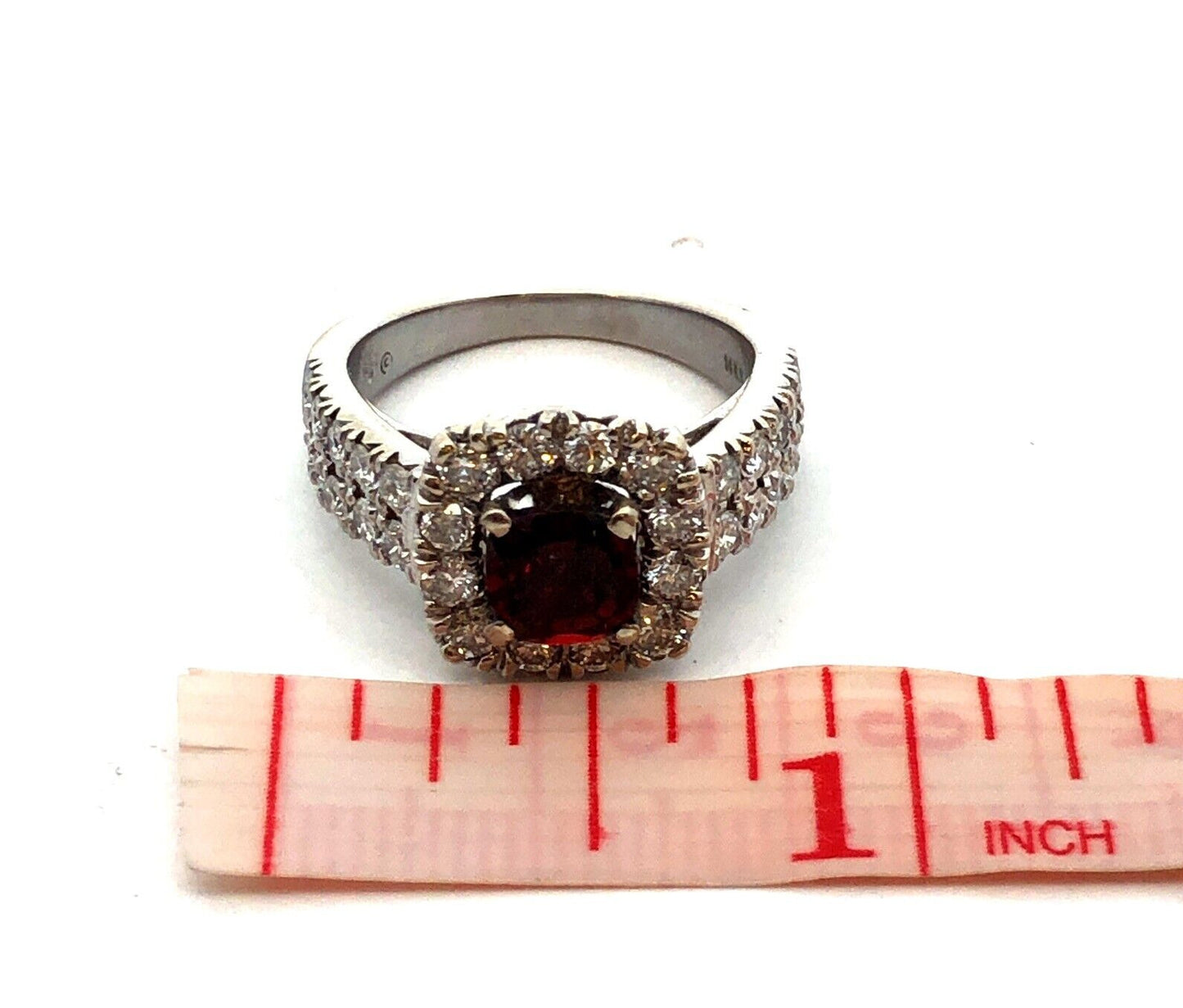 Designer RY 14K White Gold Square Red Tourmaline Diamond Halo Engagement Ring
