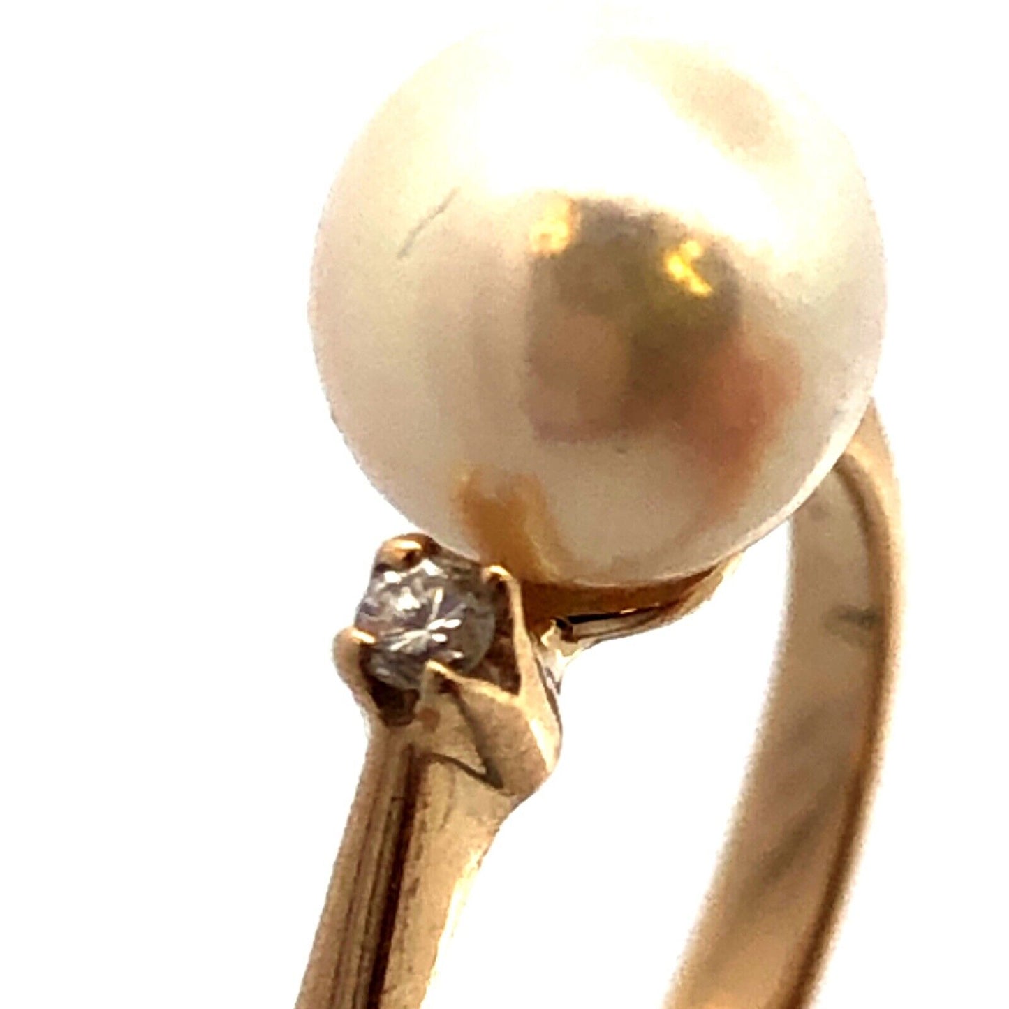 Estate 14K Yellow Gold Round White Pearl Solitaire Diamond Anniversary Ring