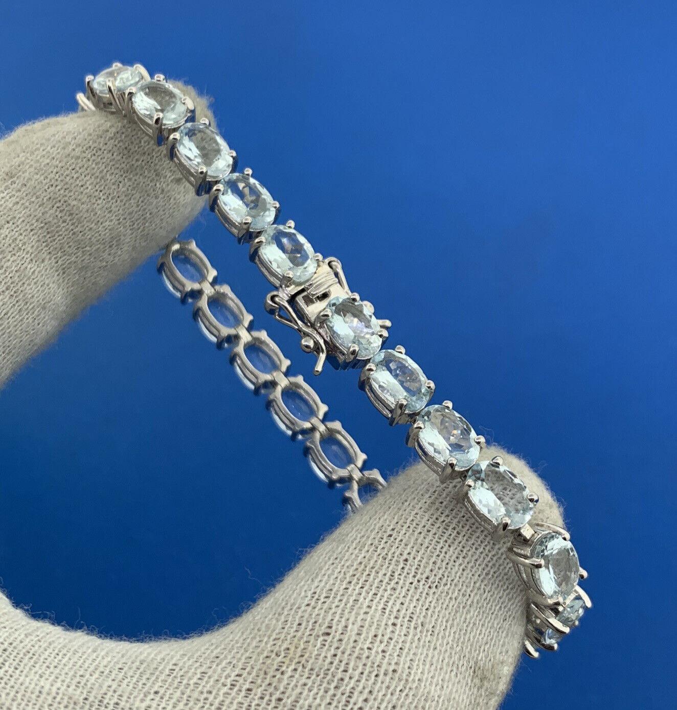 Designer Sterling Silver Oval Light Blue Topaz Statement Tennis Bracelet