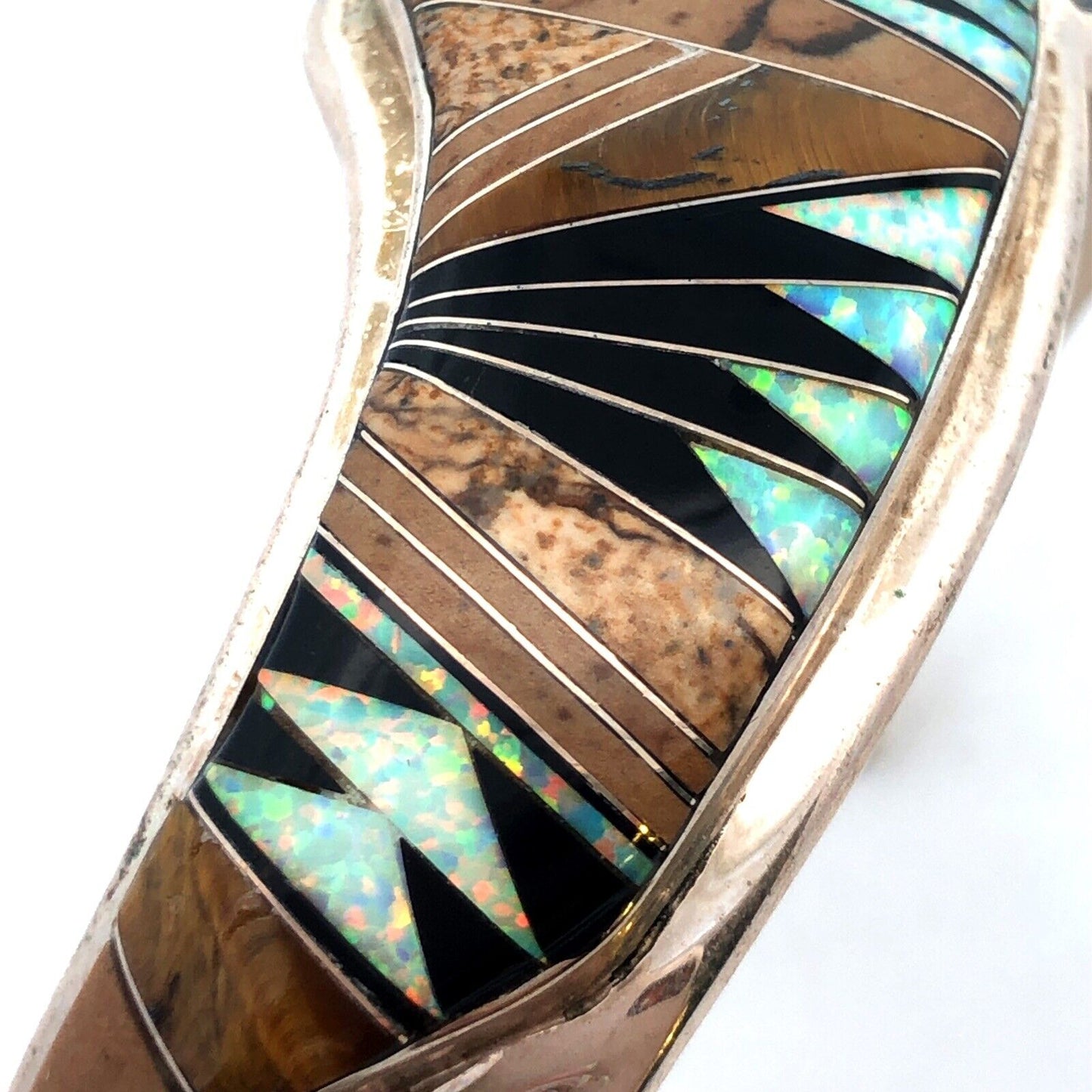 Calvin Begay Sterling Silver Mixed Gemstone Inlay Open Storyteller Cuff Bracelet