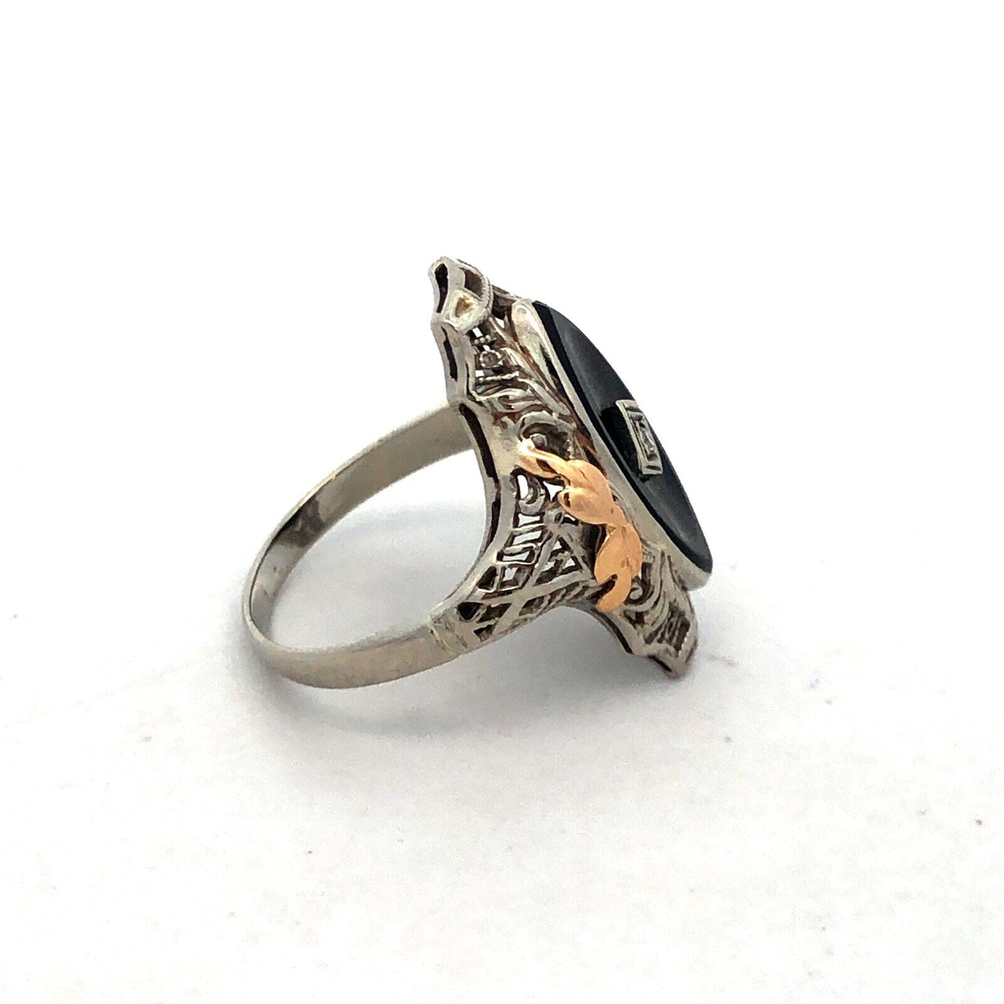 Vintage 14K White Yellow Gold Two Tone Black Onyx Diamond Art Deco Oval Ring