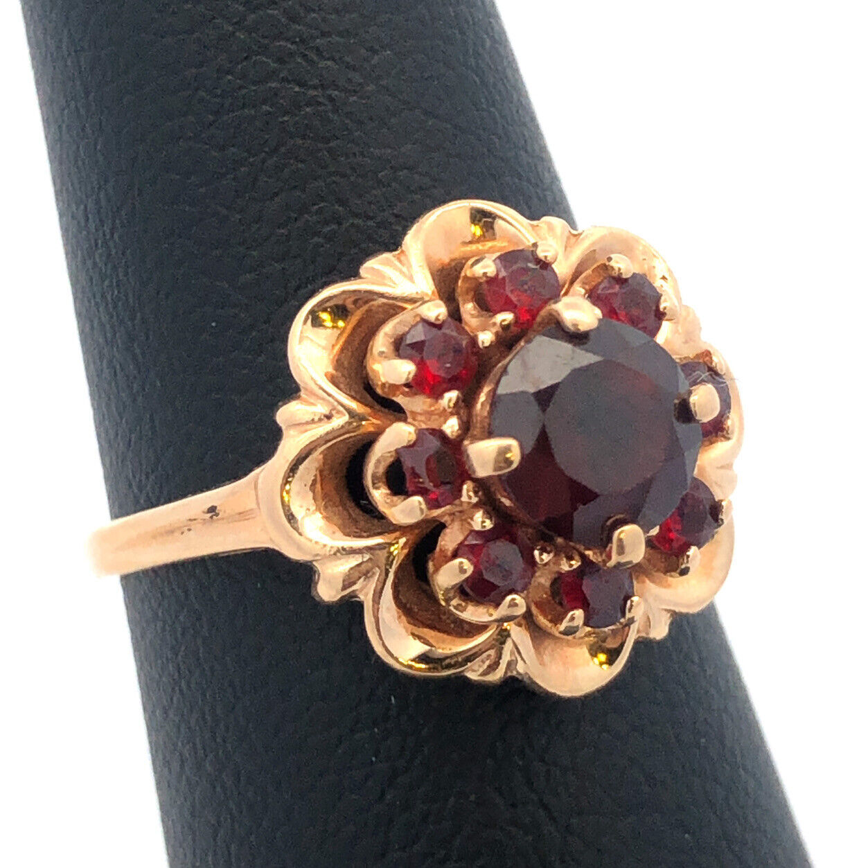 Vintage 10K Yellow Gold Garnet Flower Cluster Engagement January Cocktail Ring