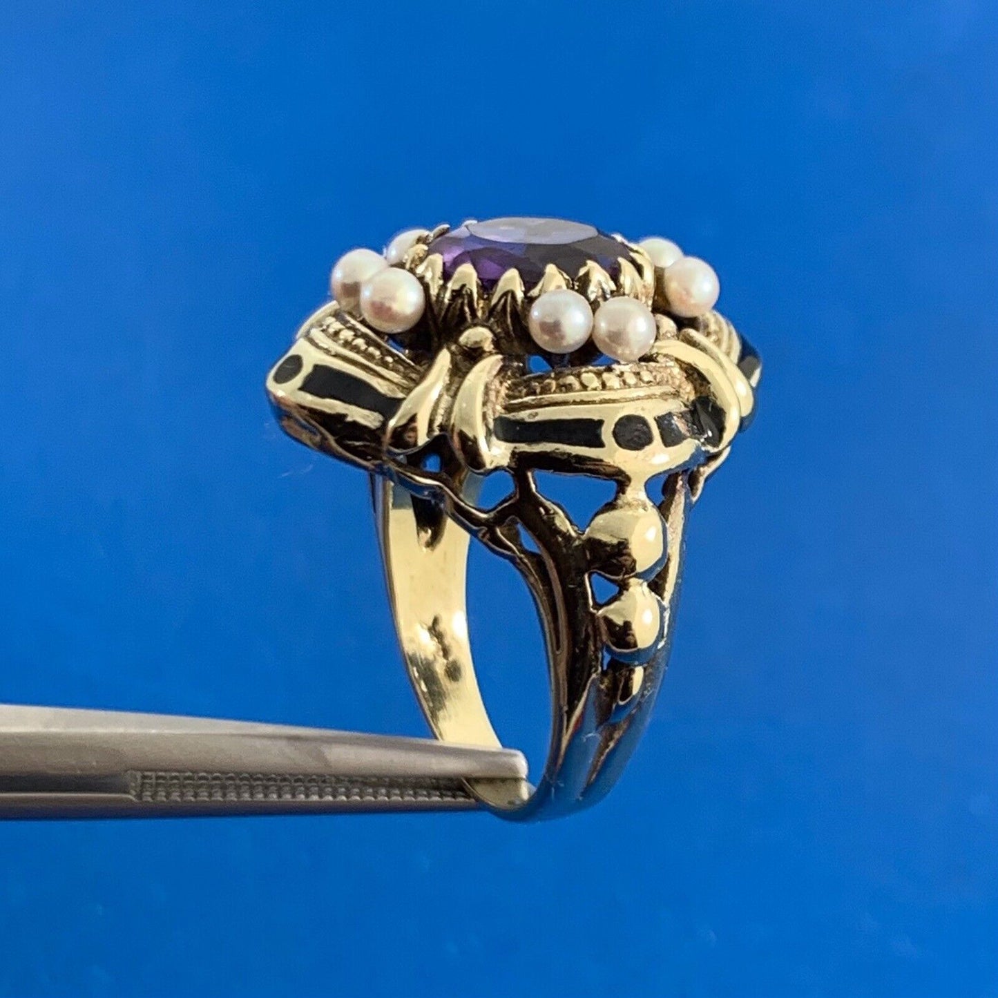 Art Nouveau 14K Yellow Gold Oval Amethyst Pearl Black Enamel Cocktail Ring