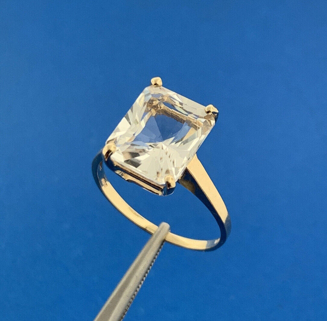 Designer 10K Yellow Gold Emerald Cut White Topaz Solitaire Statement Ring