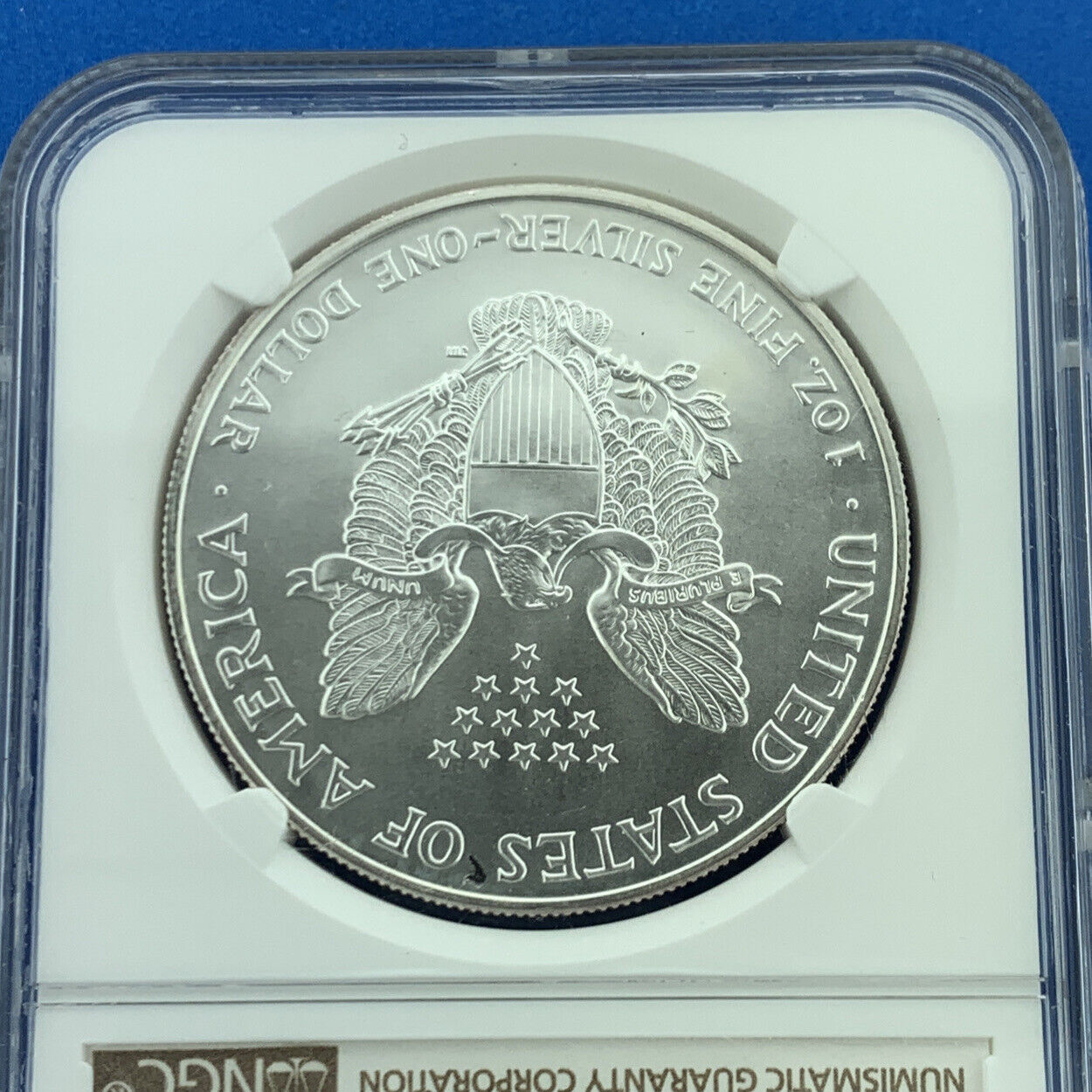 1999 $1 American .999 Silver Eagle Reverse Struck Thru Mint Error NGC MS69 Coin