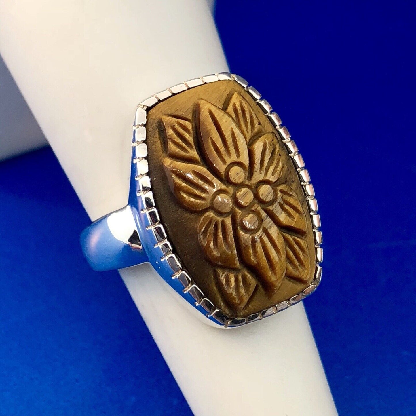 Whitney Kelly WK 925 Sterling Silver Floral Carved Tiger Eye Statement Ring