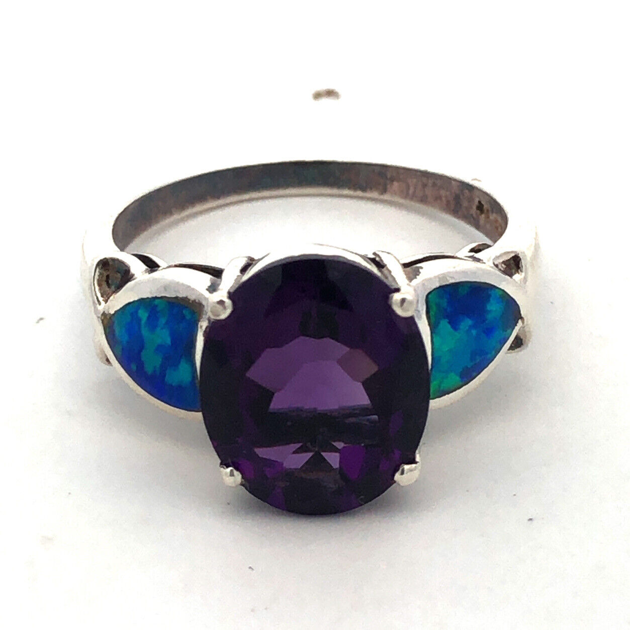 Designer 925 Sterling Silver Oval Amethyst Opal Doublet Accented Statement Ring