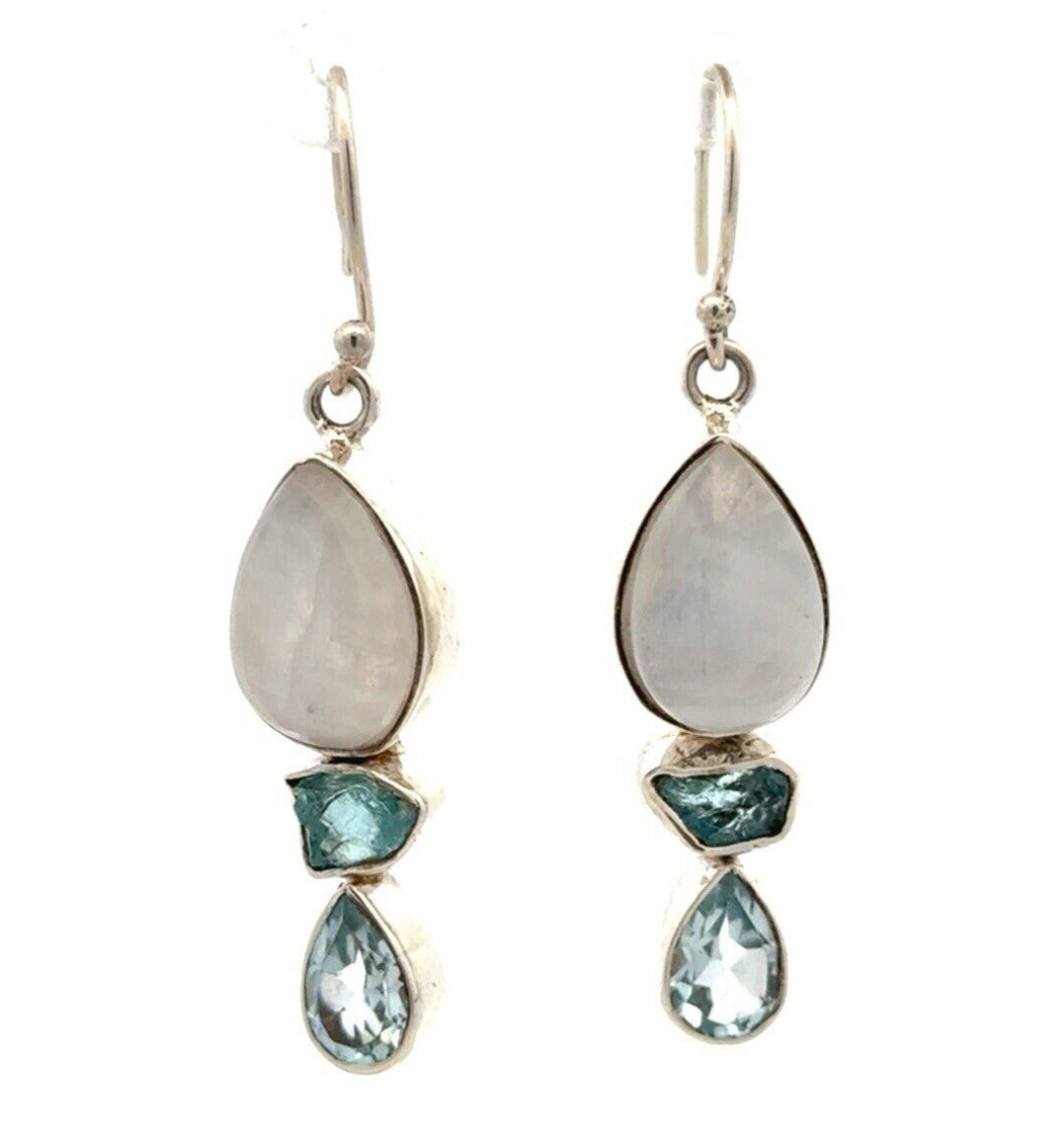 Vintage YS 925 Sterling Silver Moonstone Blue Topaz Tourmaline Dangle Earrings