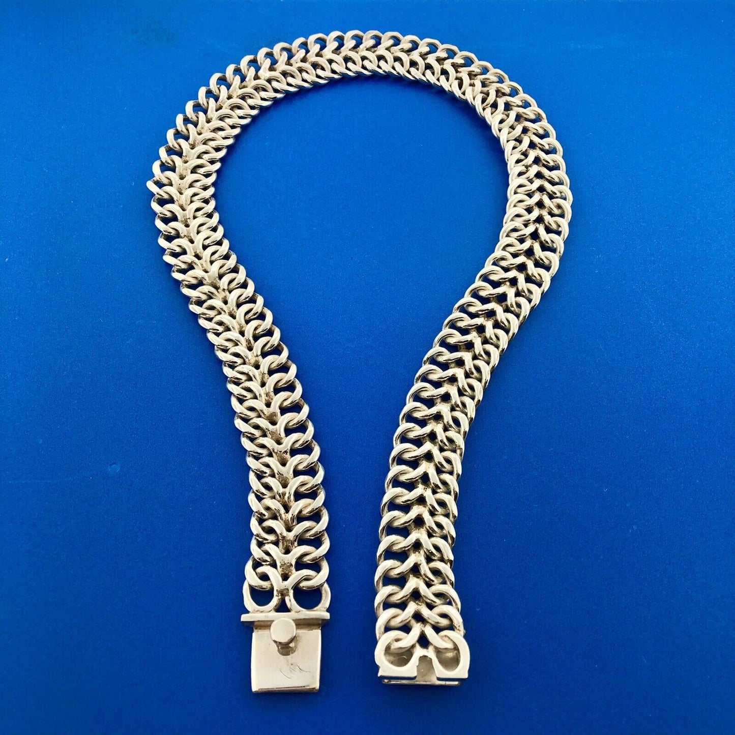 Signed Taxco 925 Sterling Silver Double Cable Link Statement Choker Necklace