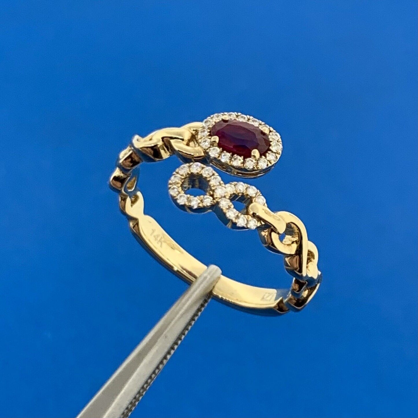 IZI Creations 14K Yellow Gold Oval Ruby Diamond Accented Open Band Bypass Ring