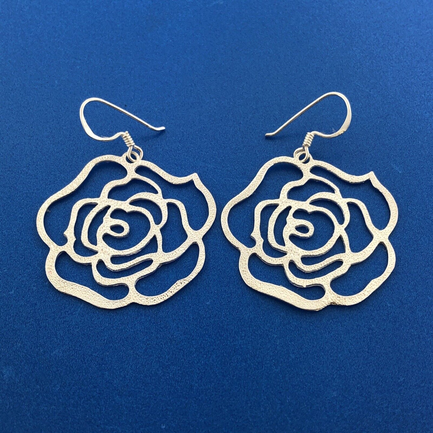 Designer FAS Sterling Silver 925 Openwork Rose Flower Dangle Hook Earrings