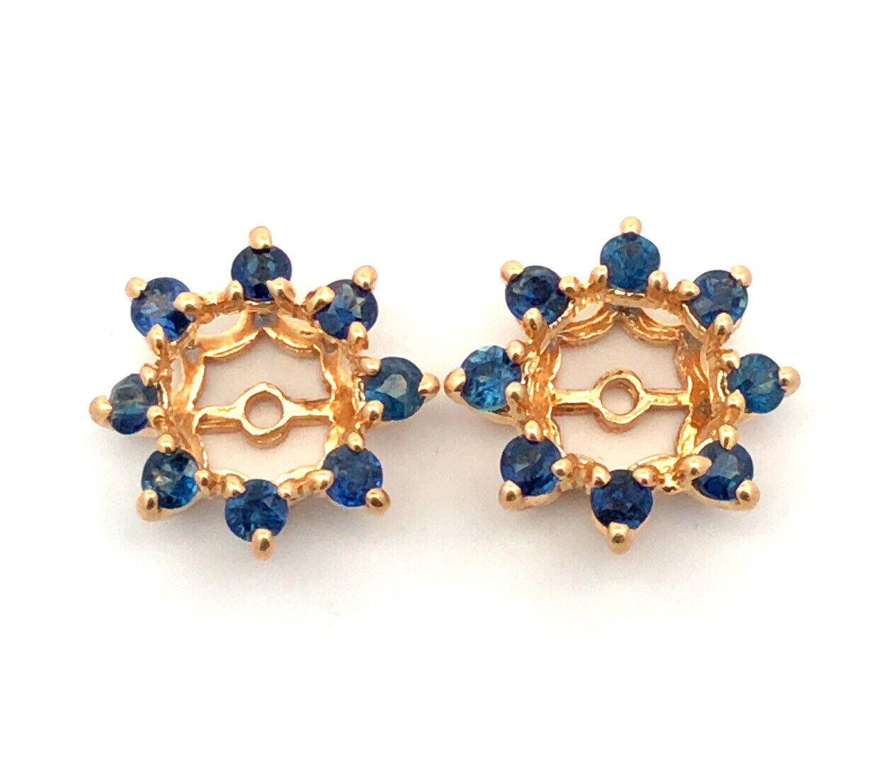14K Yellow Gold Round London Blue Topaz Halo Earring Jackets