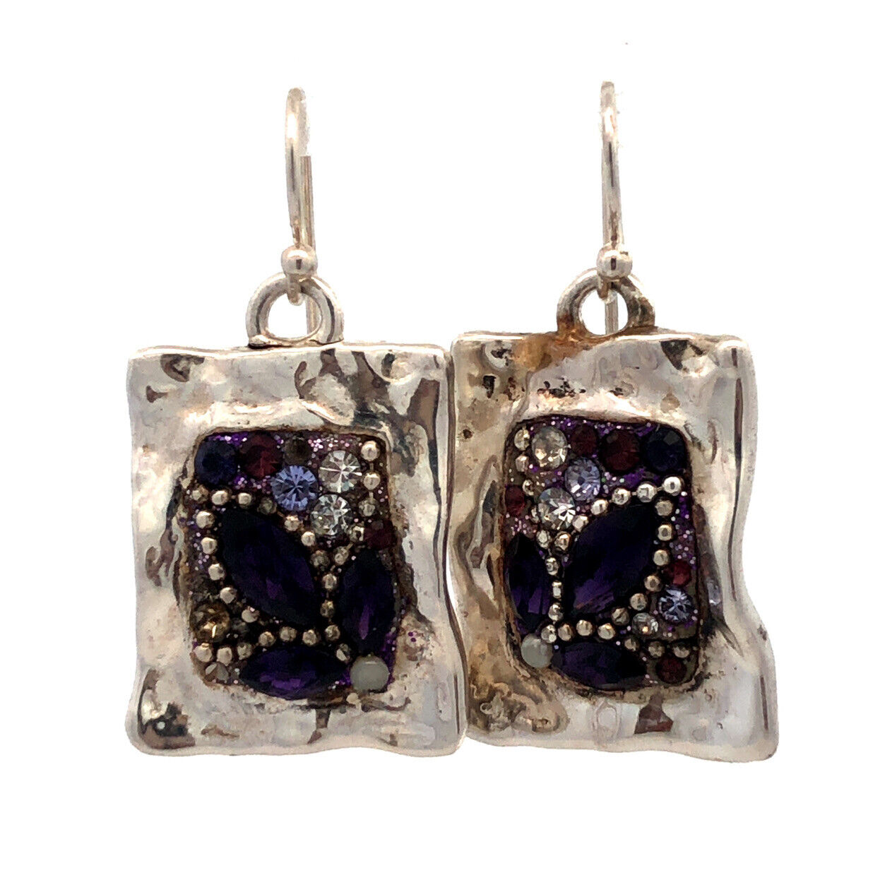 Vintage 925 Sterling Silver Purple Cubic Zirconia Rectangle Hook Earrings