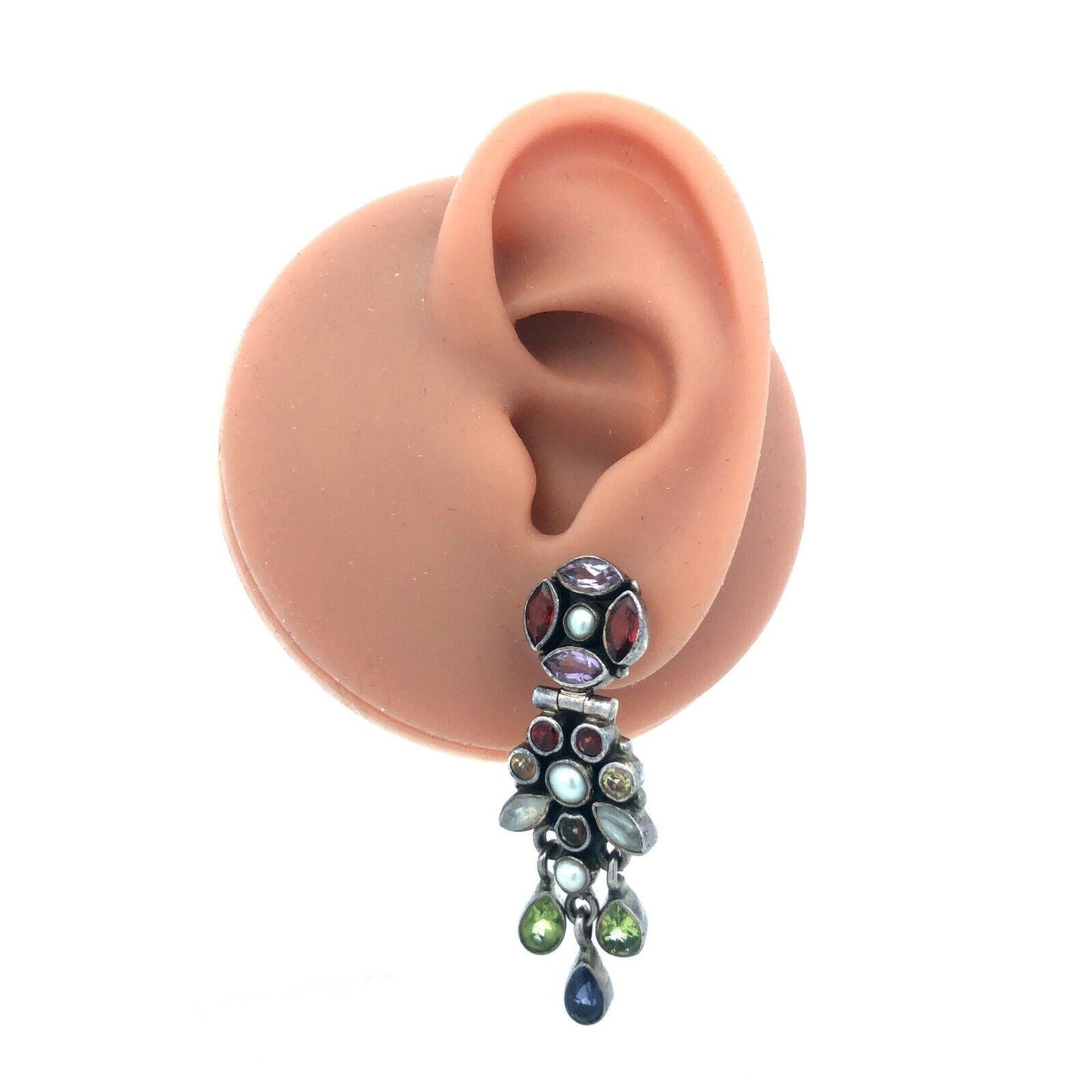 925 Sterling Silver Mixed Shaped Gemstone Floral Dangle Stud Earrings