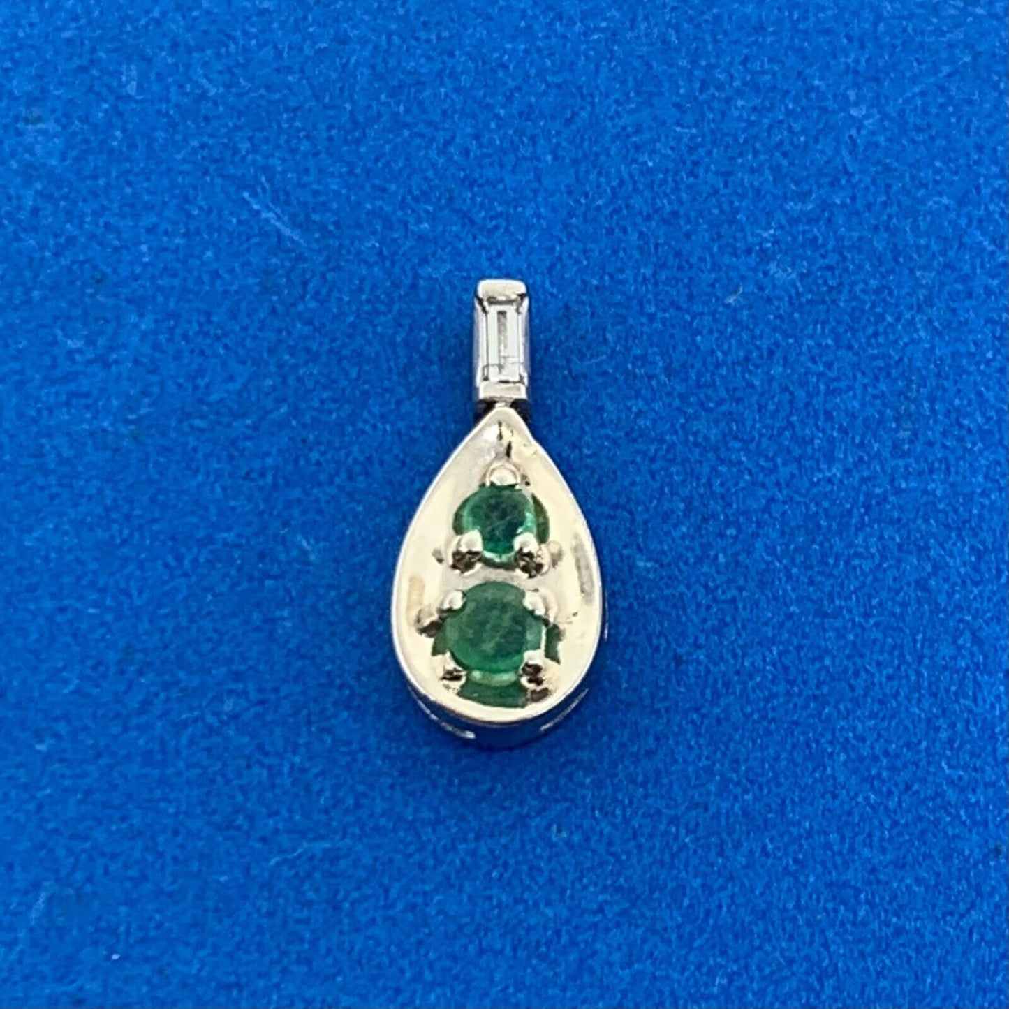 14K White Gold Emerald Diamond Baguette Accented Pear Shaped Pendant