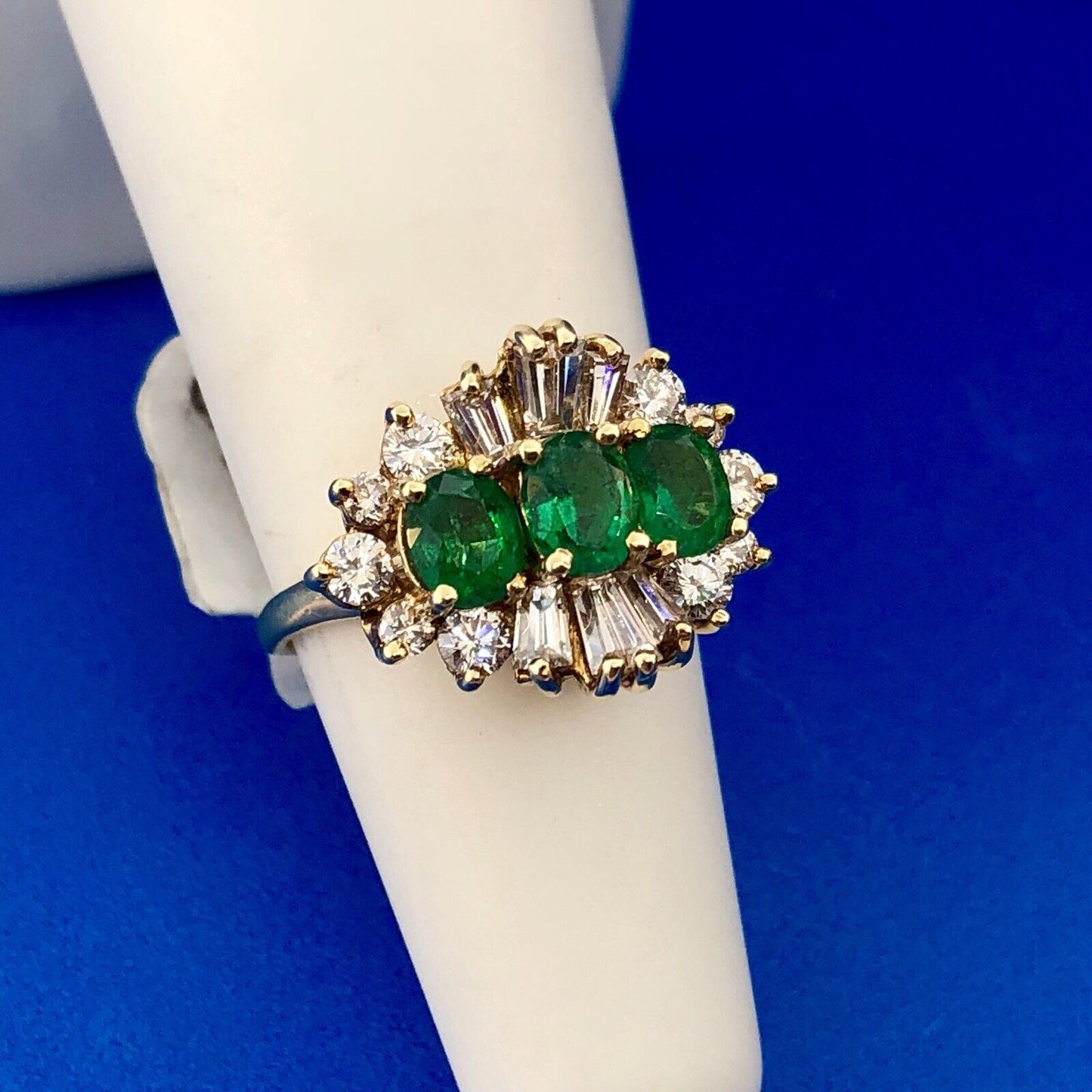 Vintage 14k Yellow Gold Three Oval Emerald Ring w/ Round & Baguette Diamonds
