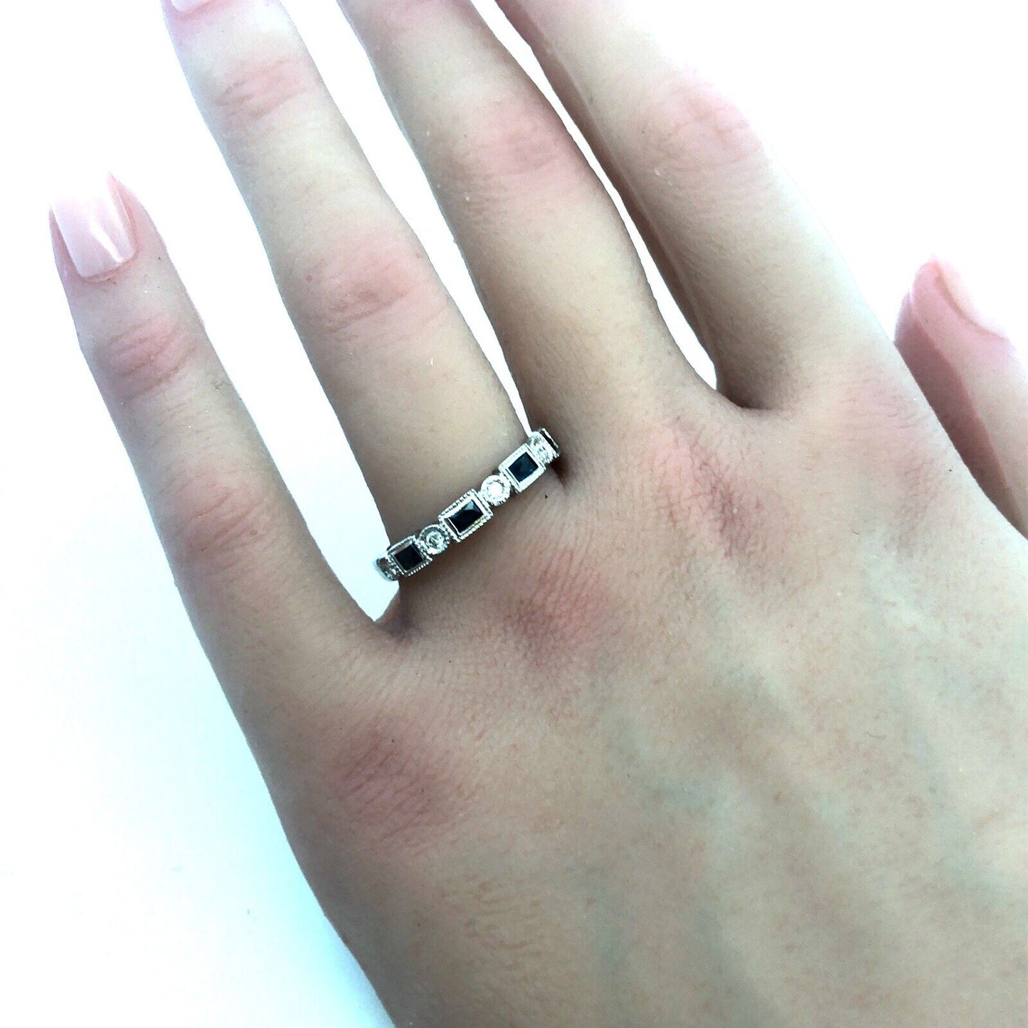 18K White Gold Emerald Cut Sapphire Round Diamond Stackable Anniversary Ring