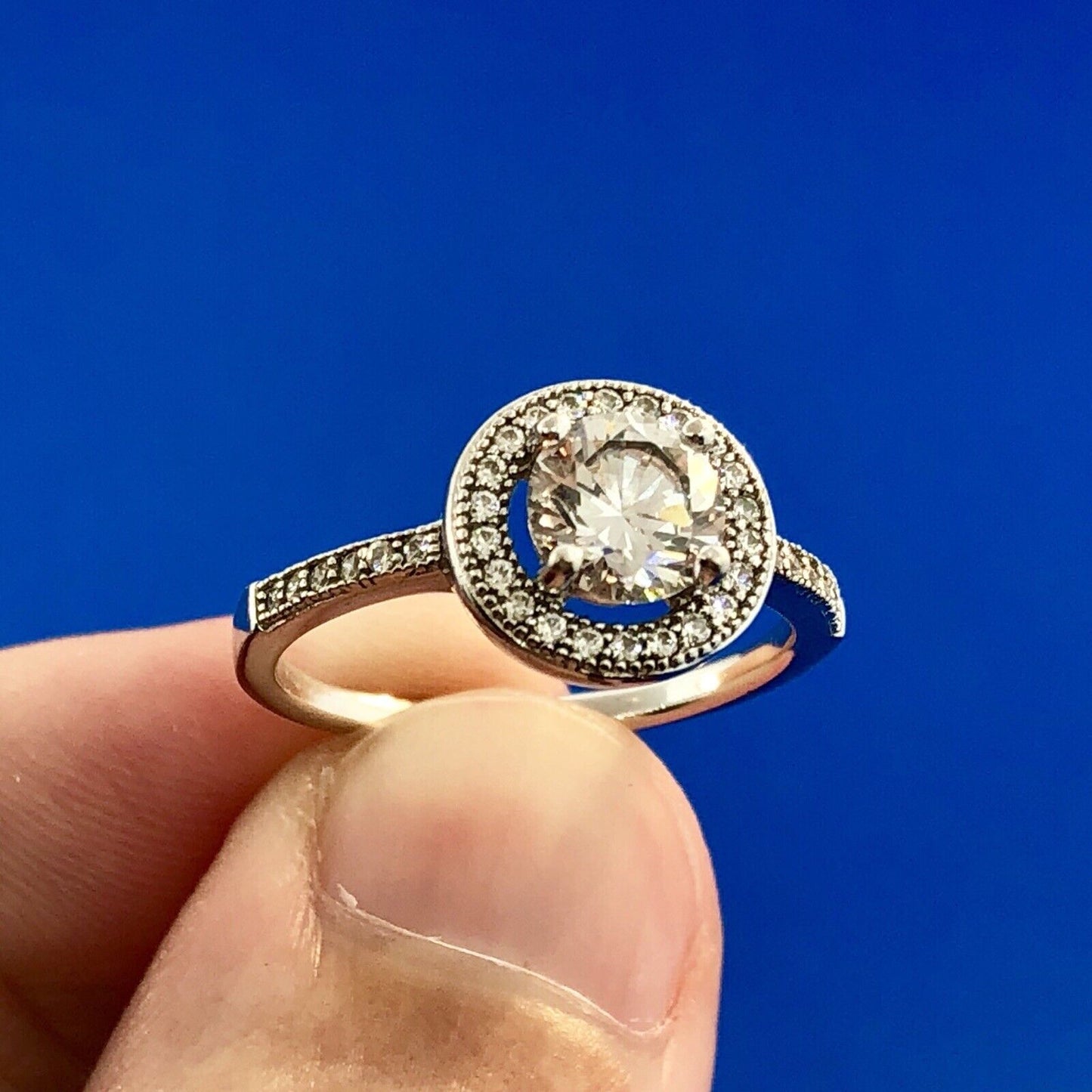 Sterling Silver 925 Cubic Zirconia CZ Solitaire Halo Engagement Ring