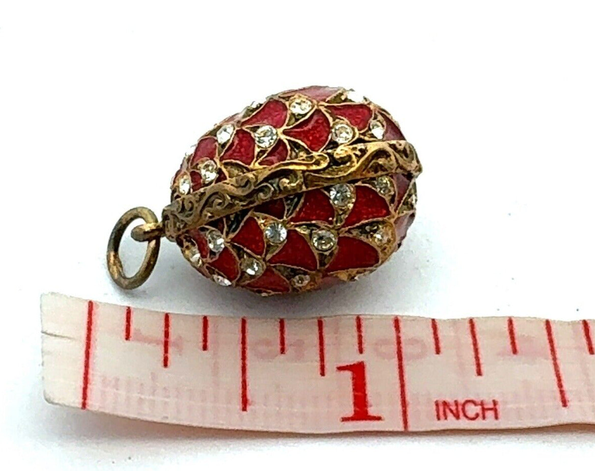 Vintage 925 Sterling Silver Gold Vermeil CZ Red Enamel Faberge Egg Pendant