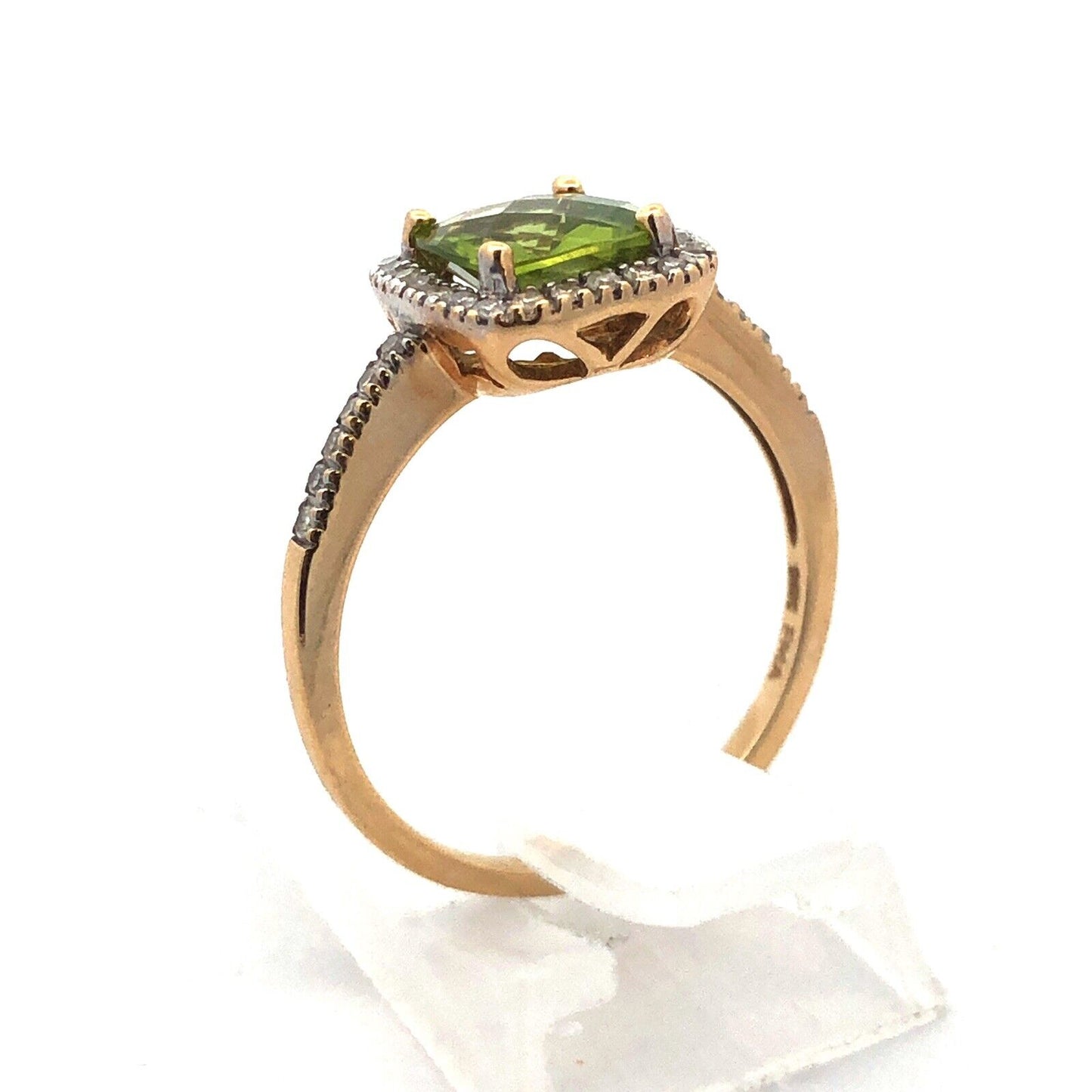 Beautiful Designer 14K Yellow Gold Peridot Diamond Halo Birthstone Cocktail Ring
