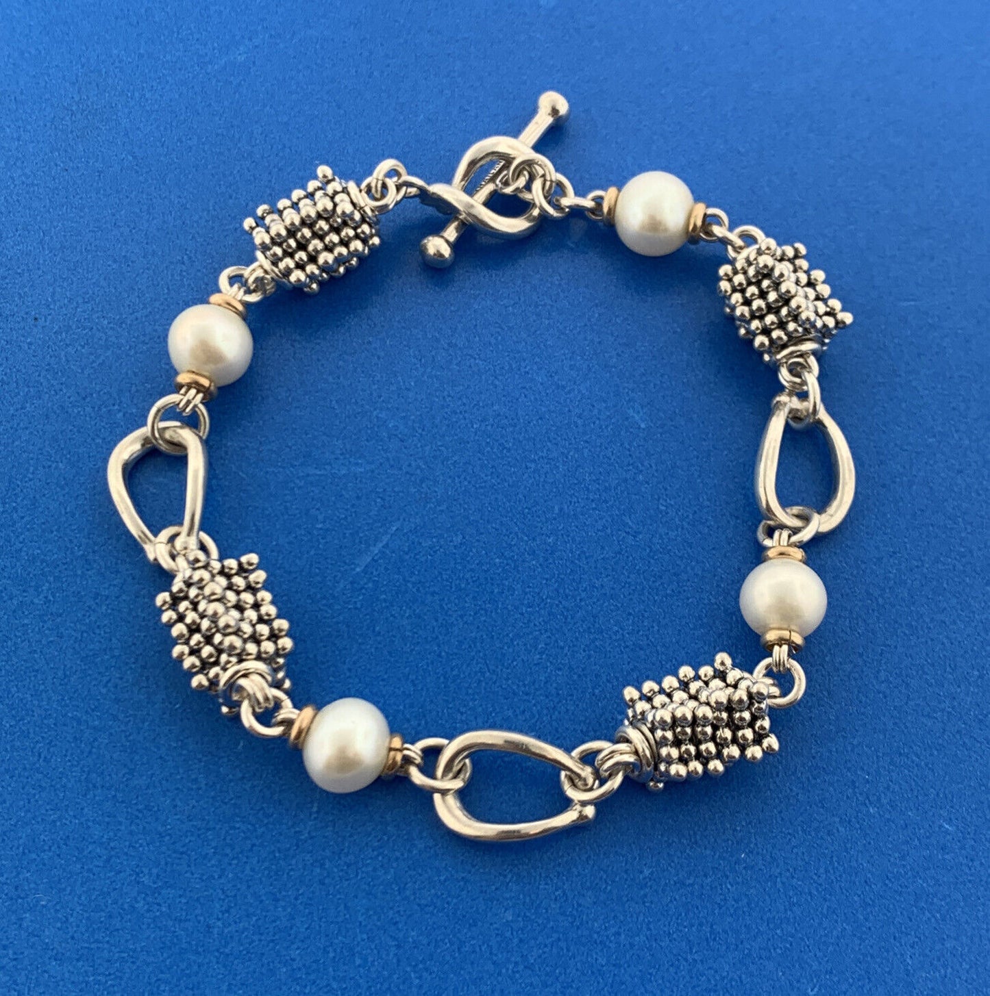 Michael Dawkins Sterling Silver 14K Yellow Gold Pearl Station Toggle Bracelet